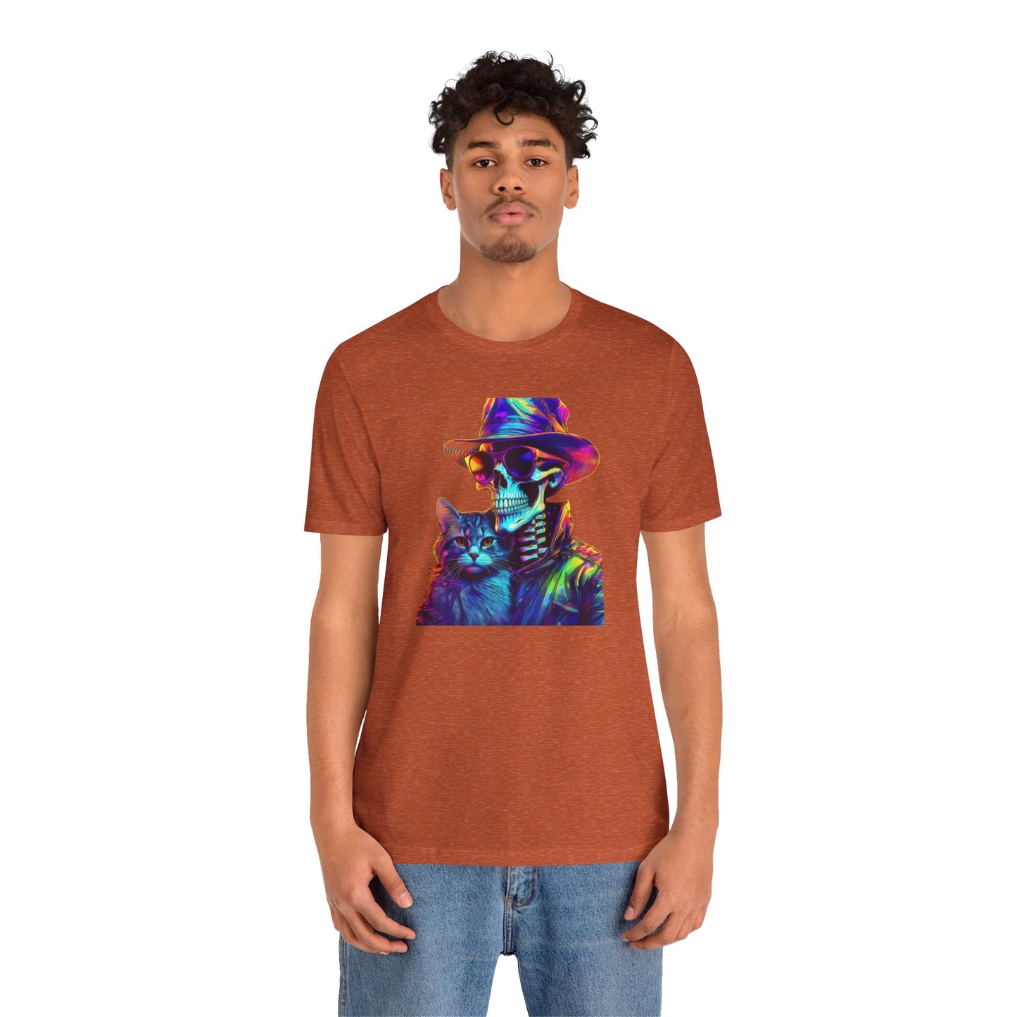 Cool Skeleton and Cat Halloween Shirt – Neon Retro Horror Graphic Tee for Spooky Style and Cat Lovers