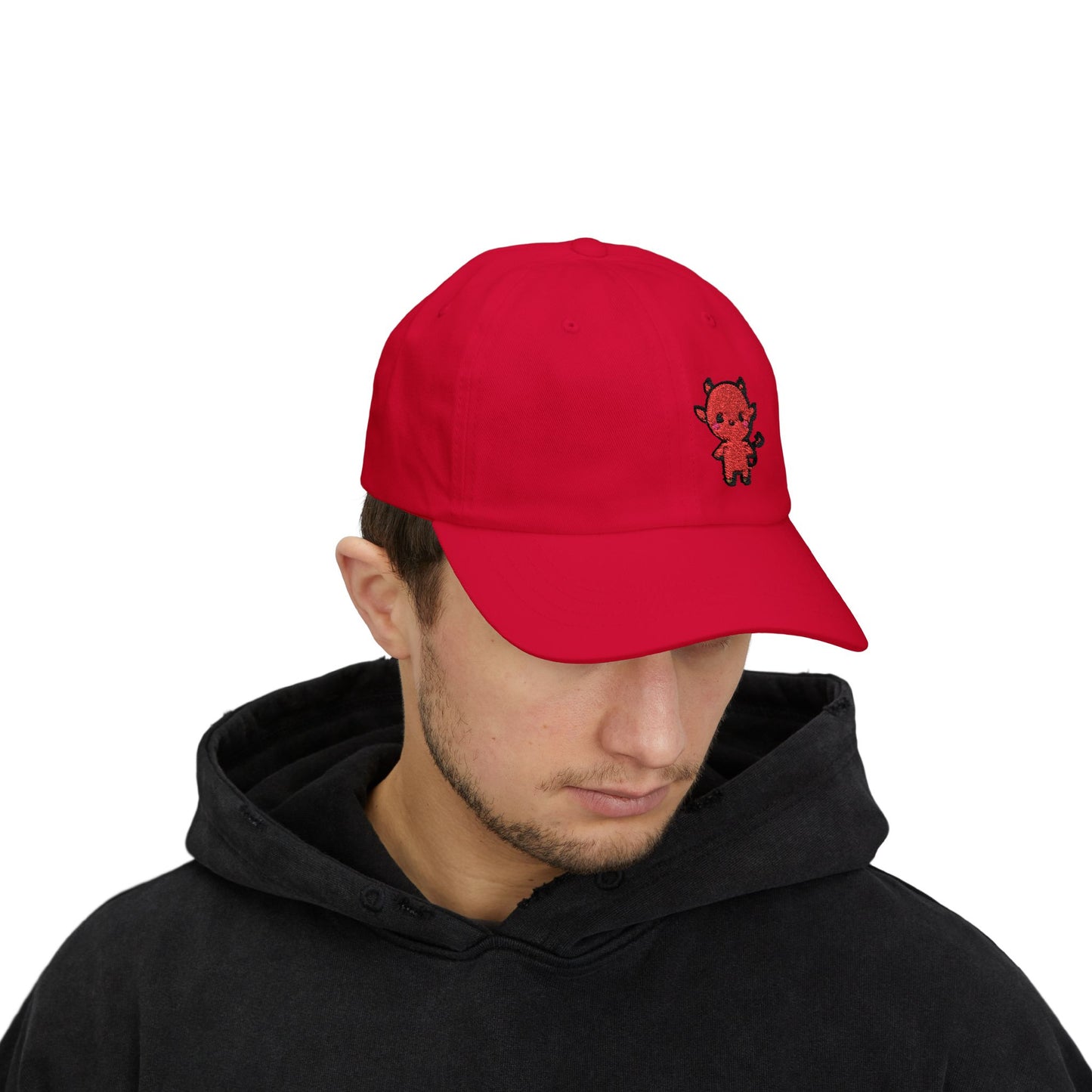 Lil Devil Embroidered Classic Dad Hat – Cute Red Devil Design for Halloween, Spooky Style, and Mischievous Everyday Vibes