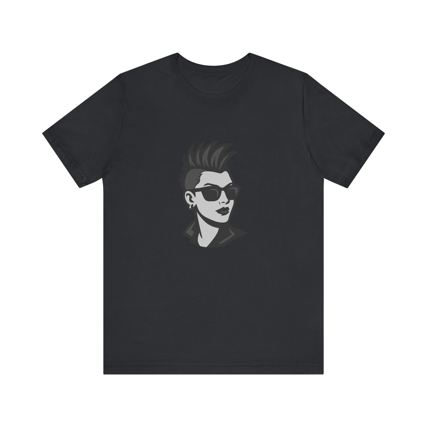 Punk Girl Graphic T-Shirt – Dark Theme Grayscale Spiked Hair Portrait on Black Tee with Bold Energy and Modern Ghost Effect. Unisex Jersey Short Sleeve Tee