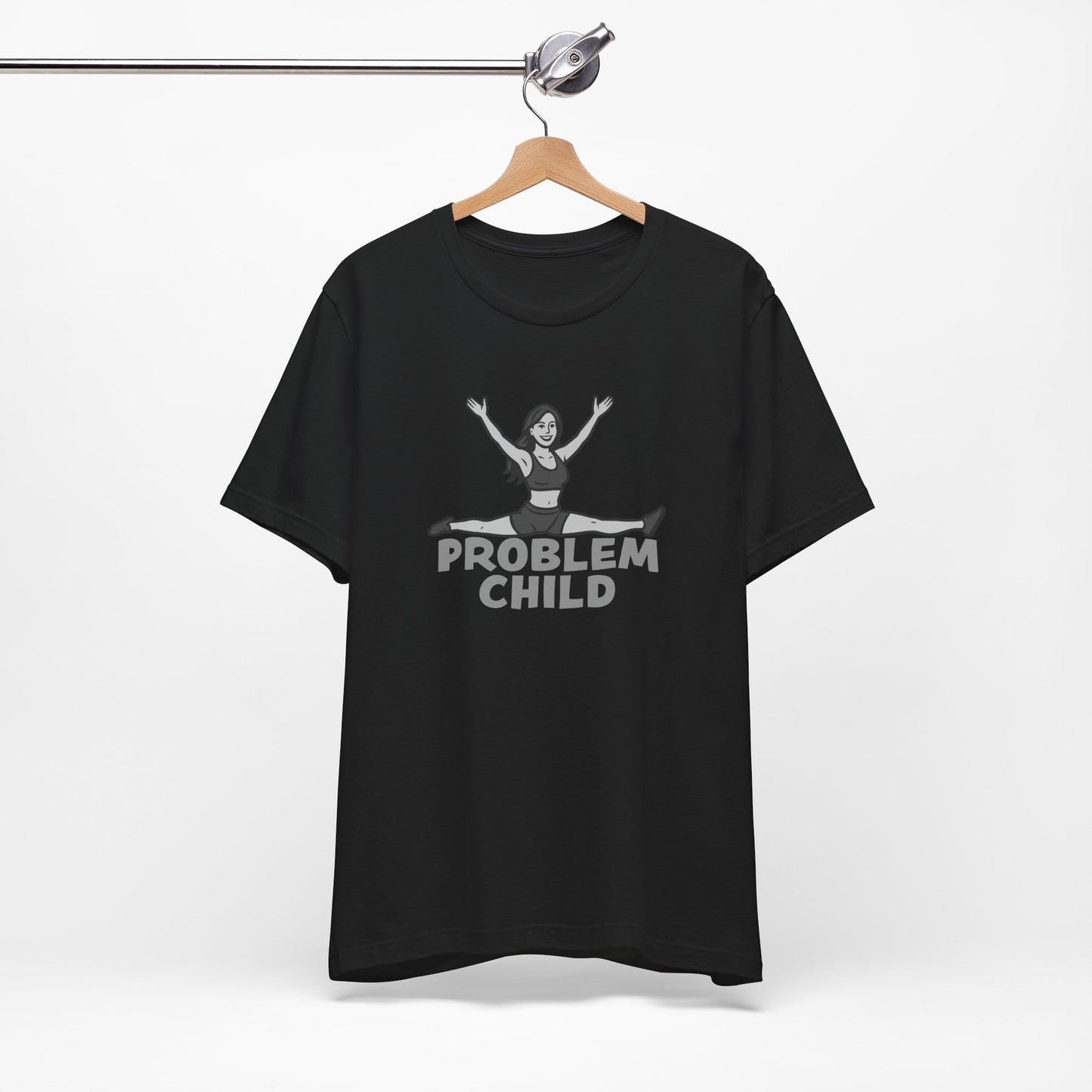 Problem Child Graphic Tee Cheerful Rebel Jump Pose in Bold Dark Theme Monochrome Style. Unisex Jersey Short Sleeve Tee