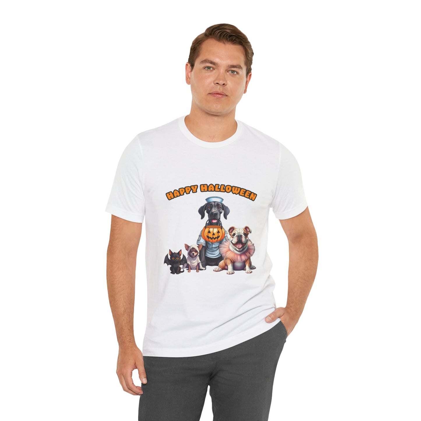 Happy Halloween Pet Parade Shirt – Cute Halloween Dogs and Cat in Costumes. Unisex Jersey Short Sleeve Tee