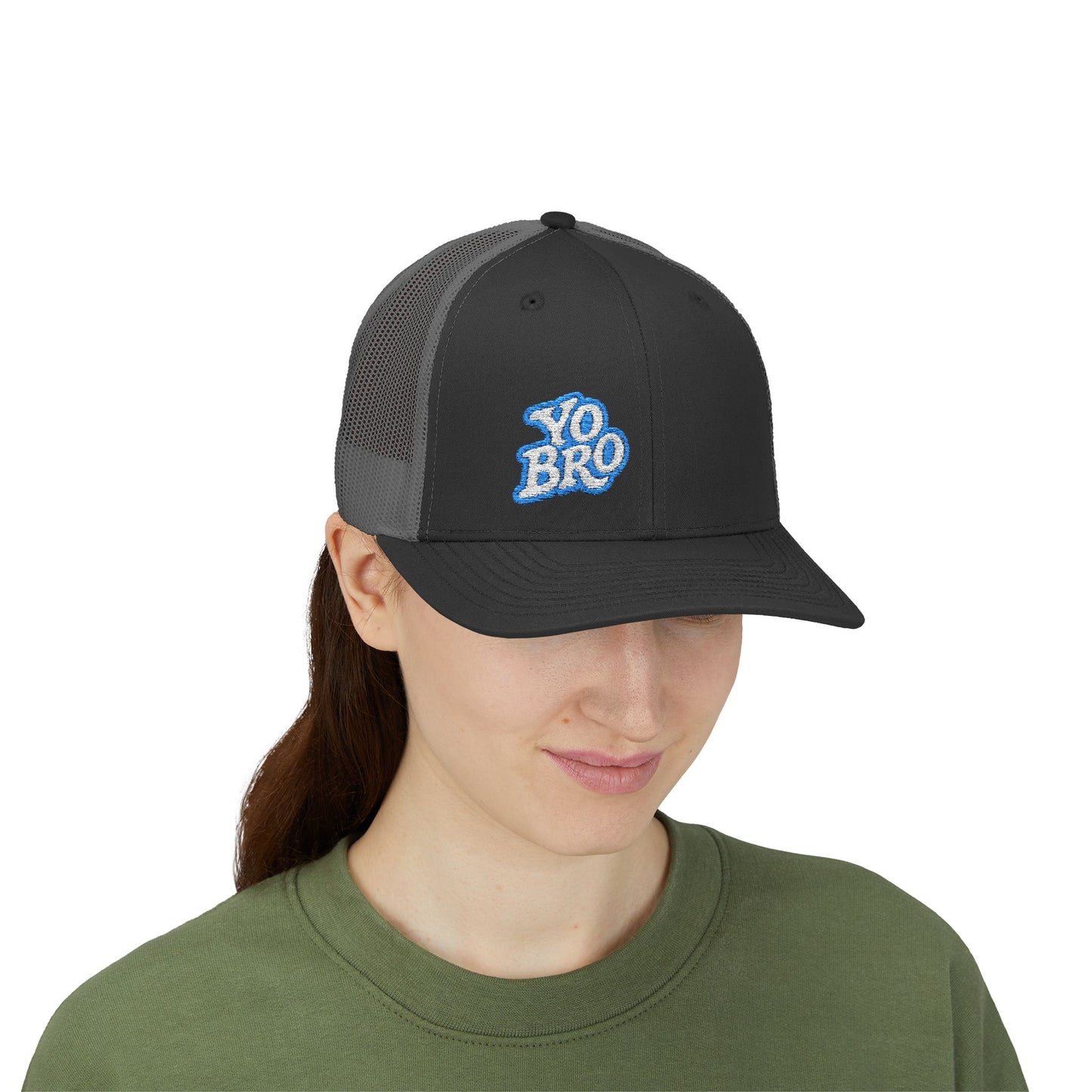 Yo Bro Trucker Hat – Embroidered Blue & White Hat for Laid-Back Vibes