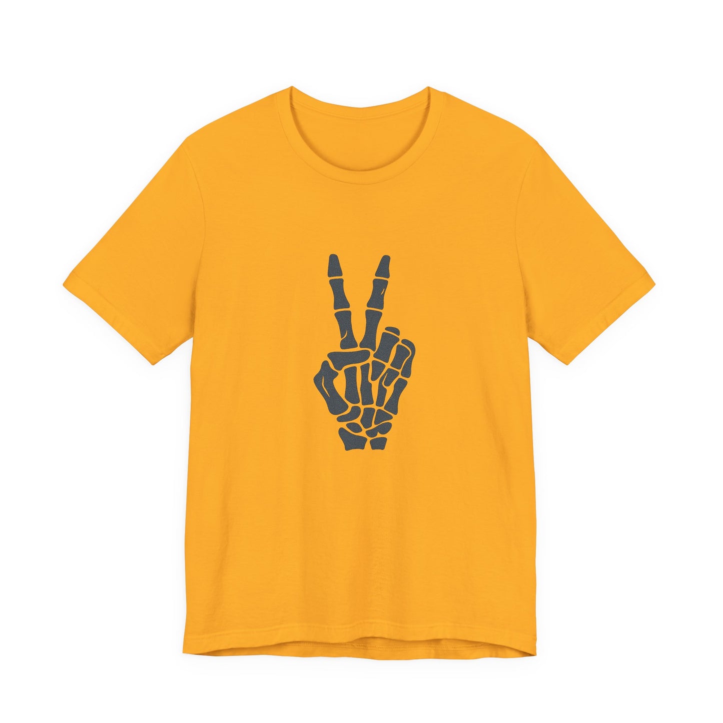 Skeleton Peace Hand Graphic T-Shirt – Gritty Dark Theme Grayscale Bones on Black Tee with Rebellious Calm and Modern Ghost Effect. Unisex Jersey Short Sleeve Tee