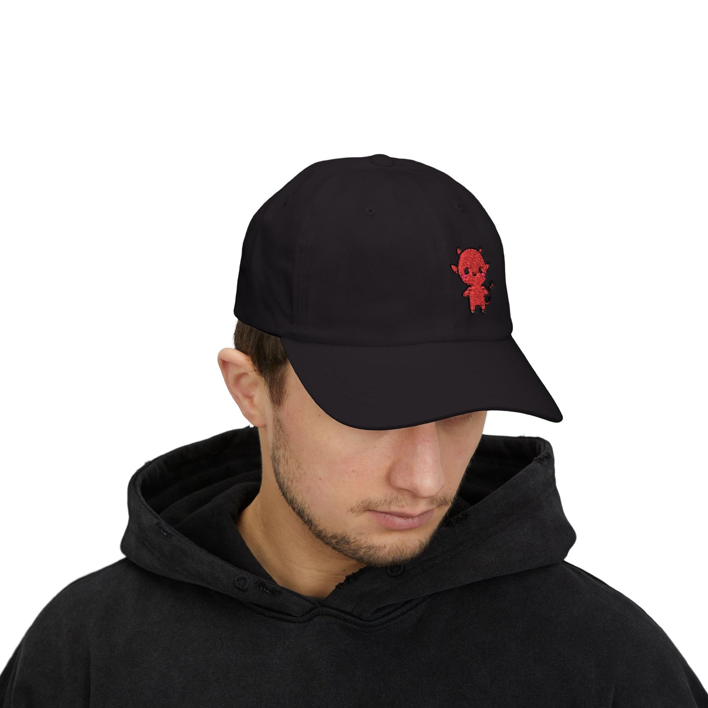 Lil Devil Embroidered Classic Dad Hat – Cute Red Devil Design for Halloween, Spooky Style, and Mischievous Everyday Vibes