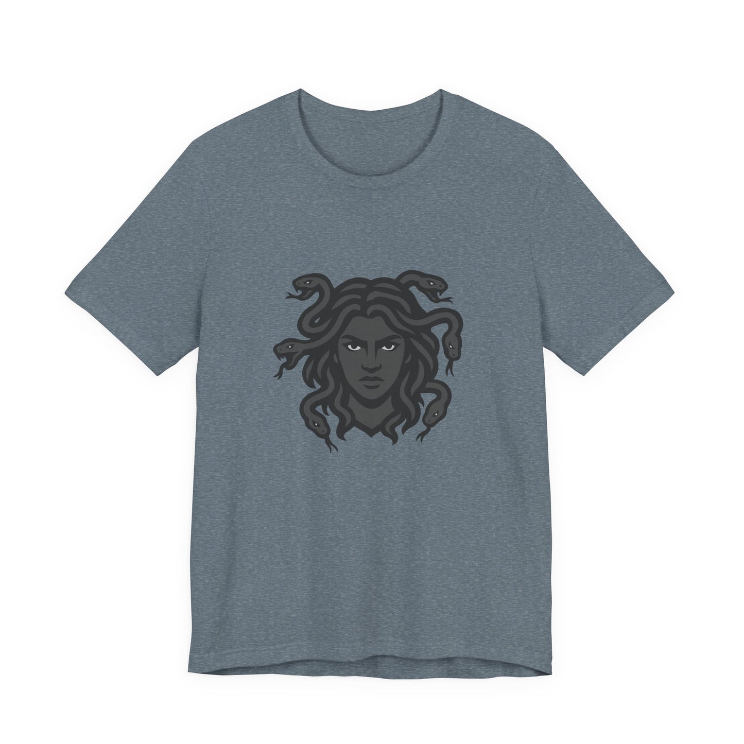 Medusa Graphic T-Shirt – Dark Theme Grayscale Snake-Haired Gorgon Design on Black Tee with Dark Myth Vibe and Modern Ghost Effect. Unisex Jersey Short Sleeve Tee