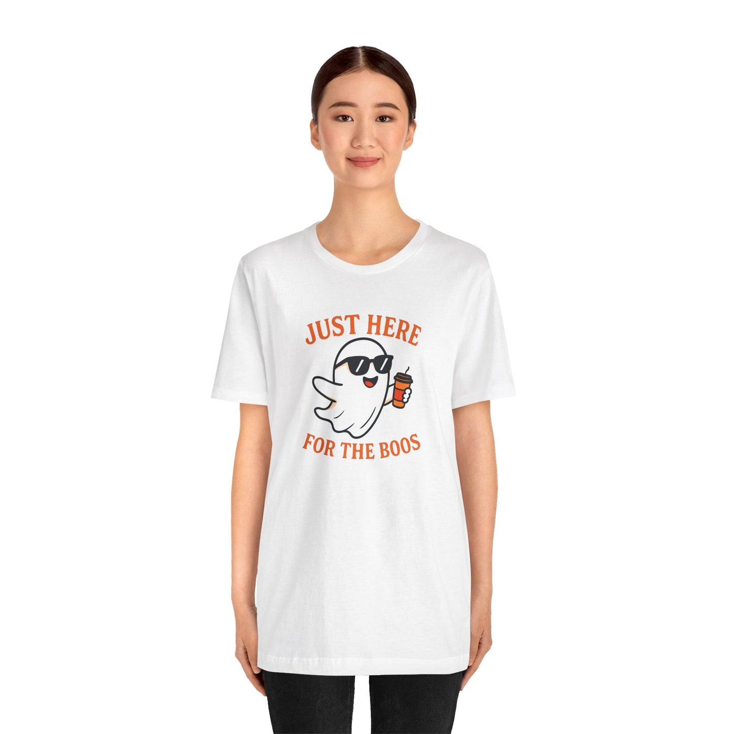 Just Here for the Boos Halloween Shirt – Funny Ghost Drinking Coffee Graphic Tee for Spooky Season