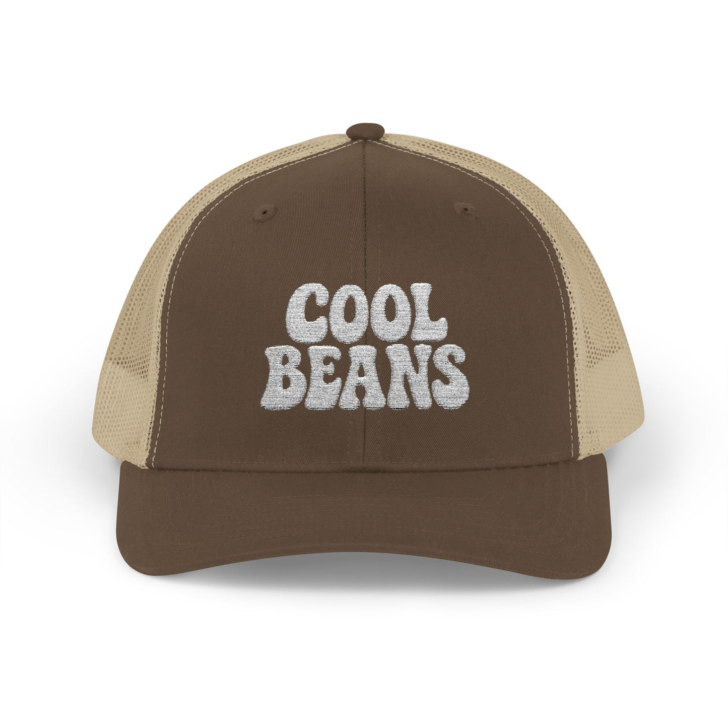 Cool Beans Trucker Hat – Embroidered Funny Minimalist Hat for Dry Humor and Casual Vibes. White Letters