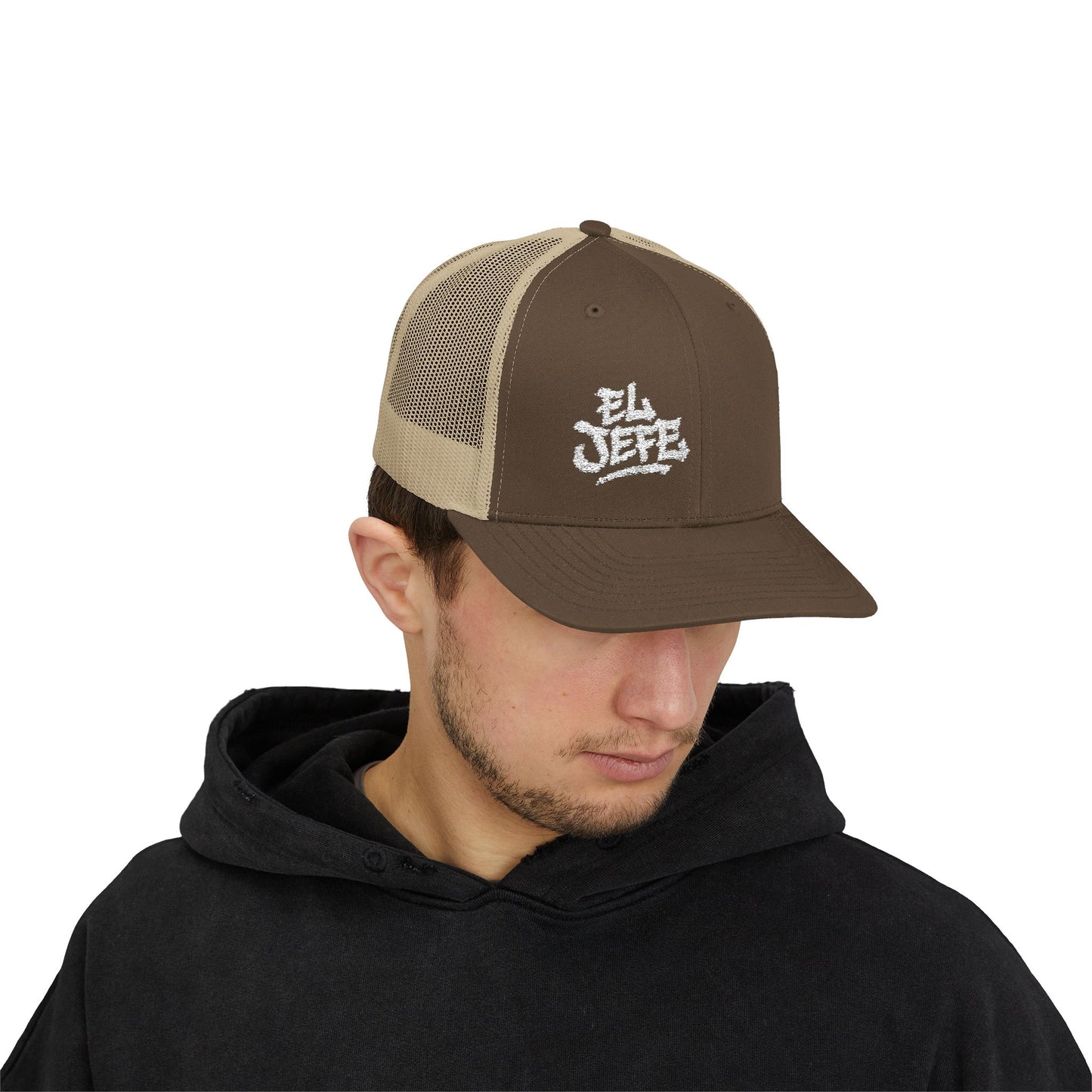 El Jefe Trucker Hat – Embroidered Bold Text Hat for Boss Energy, Leadership Style, and Latin Flair. White Letters