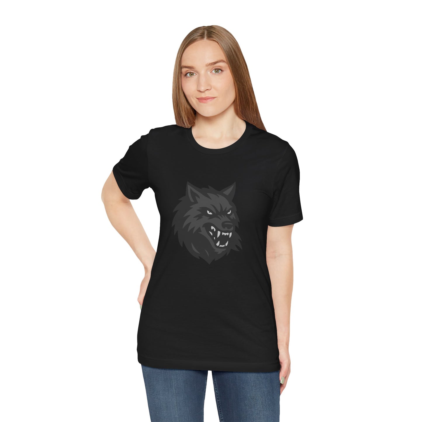 Dark Theme Wolf Head Shirt – Fierce Growling Wolf Face Graphic in Black and Grey for Bold, Edgy Style. Unisex Jersey Short Sleeve Tee