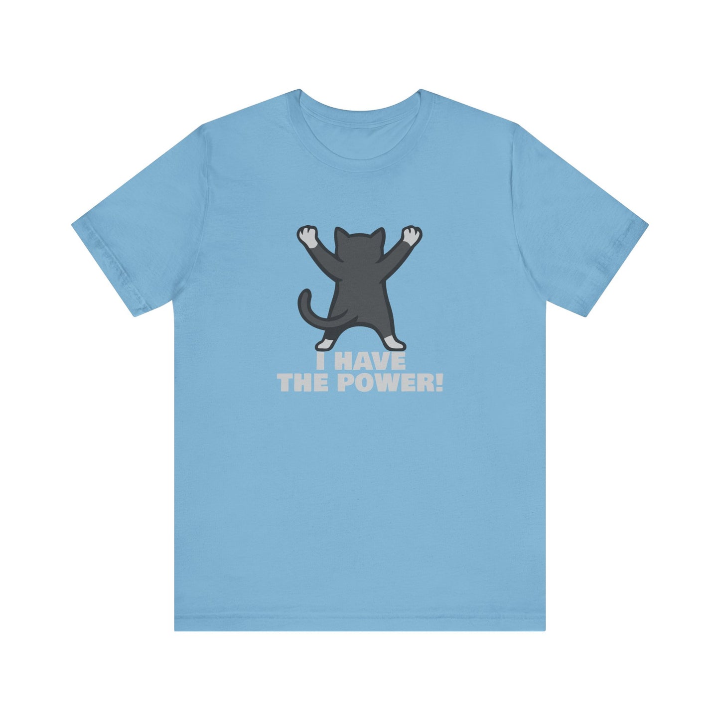 I Have the Power Cat Shirt – Hilarious Victory Pose in Dark Theme Feline Graphic Style. Unisex Jersey Short Sleeve Tee