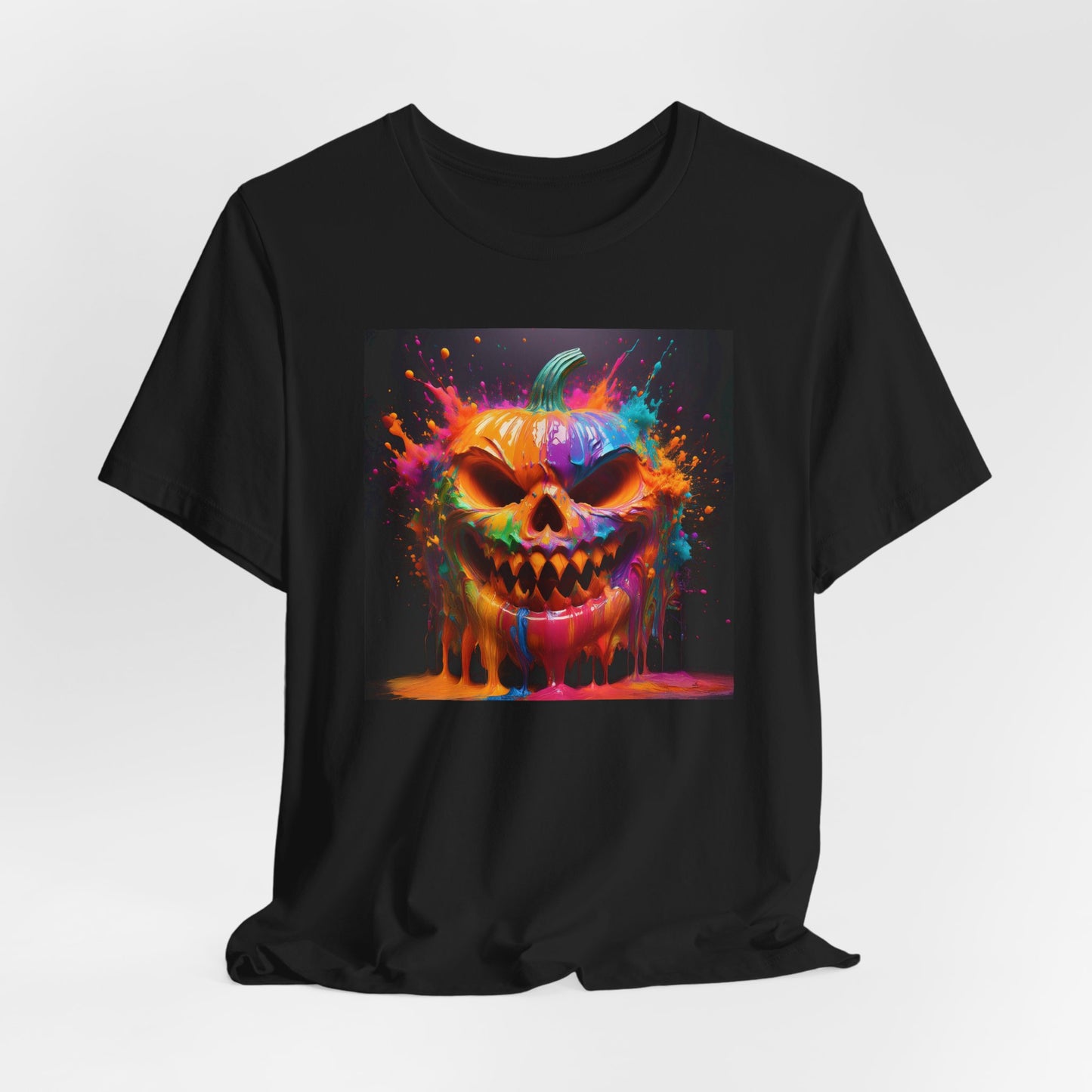 Neon Splatter Pumpkin Halloween Shirt – Vibrant Dripping Jack-o’-Lantern Graphic Tee for Bold Spooky Style