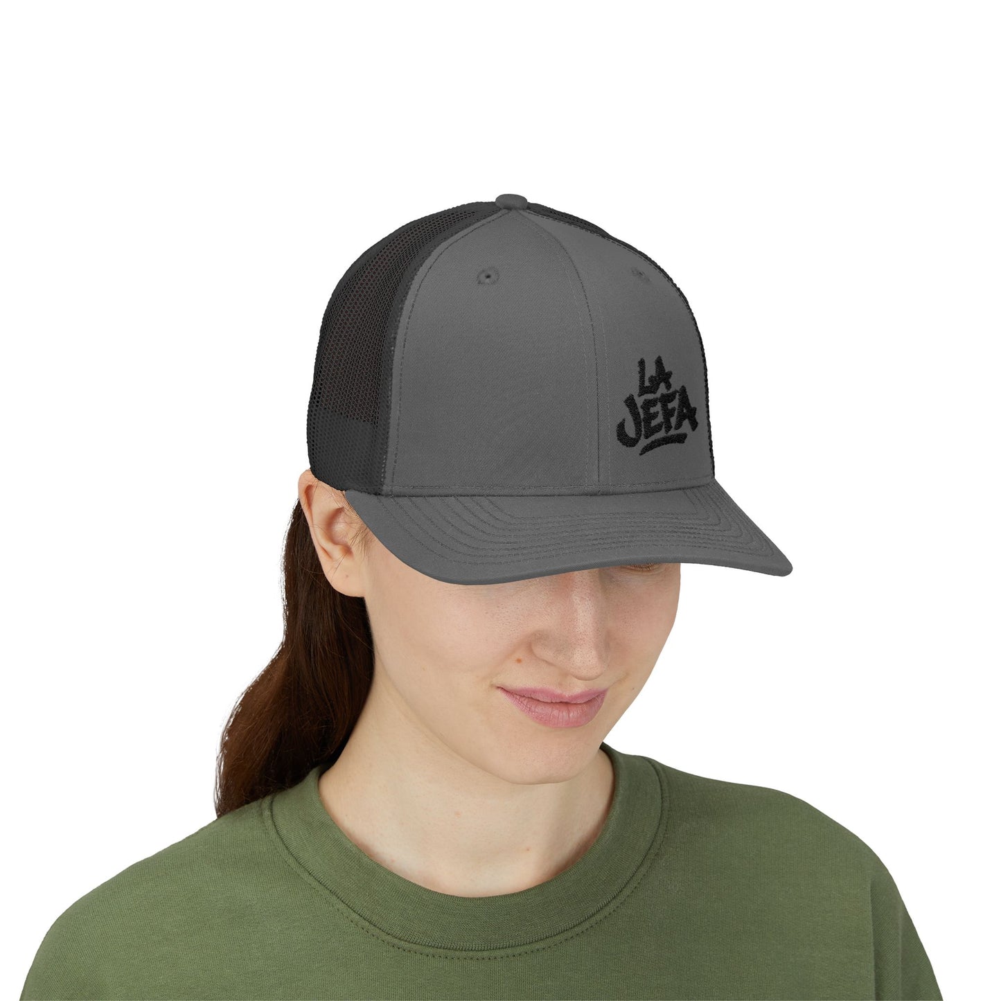 La Jefa Trucker Hat – Embroidered Latina Boss Hat for Bold Women. Black Letters
