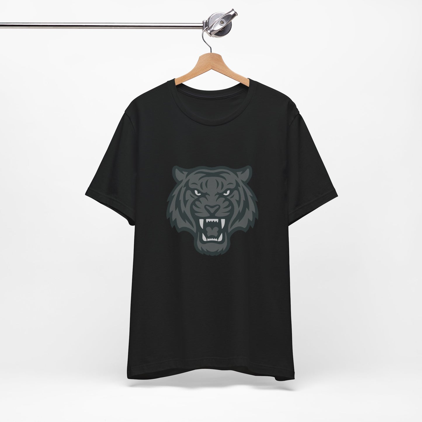 Tiger Head Graphic T-Shirt – Dark Theme Grayscale Roaring Beast Design on Black Tee with Fierce Focus and Modern Ghost Effect. Unisex Jersey Short Sleeve Tee