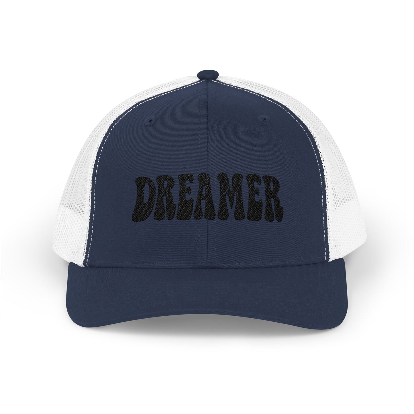 Dreamer Trucker Hat – Embroidered Minimalist Script Hat for Visionaries, Creatives, and Chill Daydreamers. Black Letters