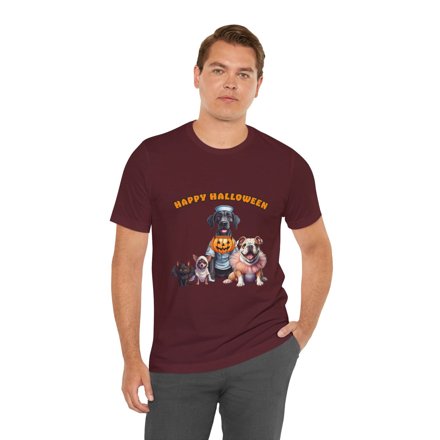 Happy Halloween Pet Parade Shirt – Cute Halloween Dogs and Cat in Costumes. Unisex Jersey Short Sleeve Tee