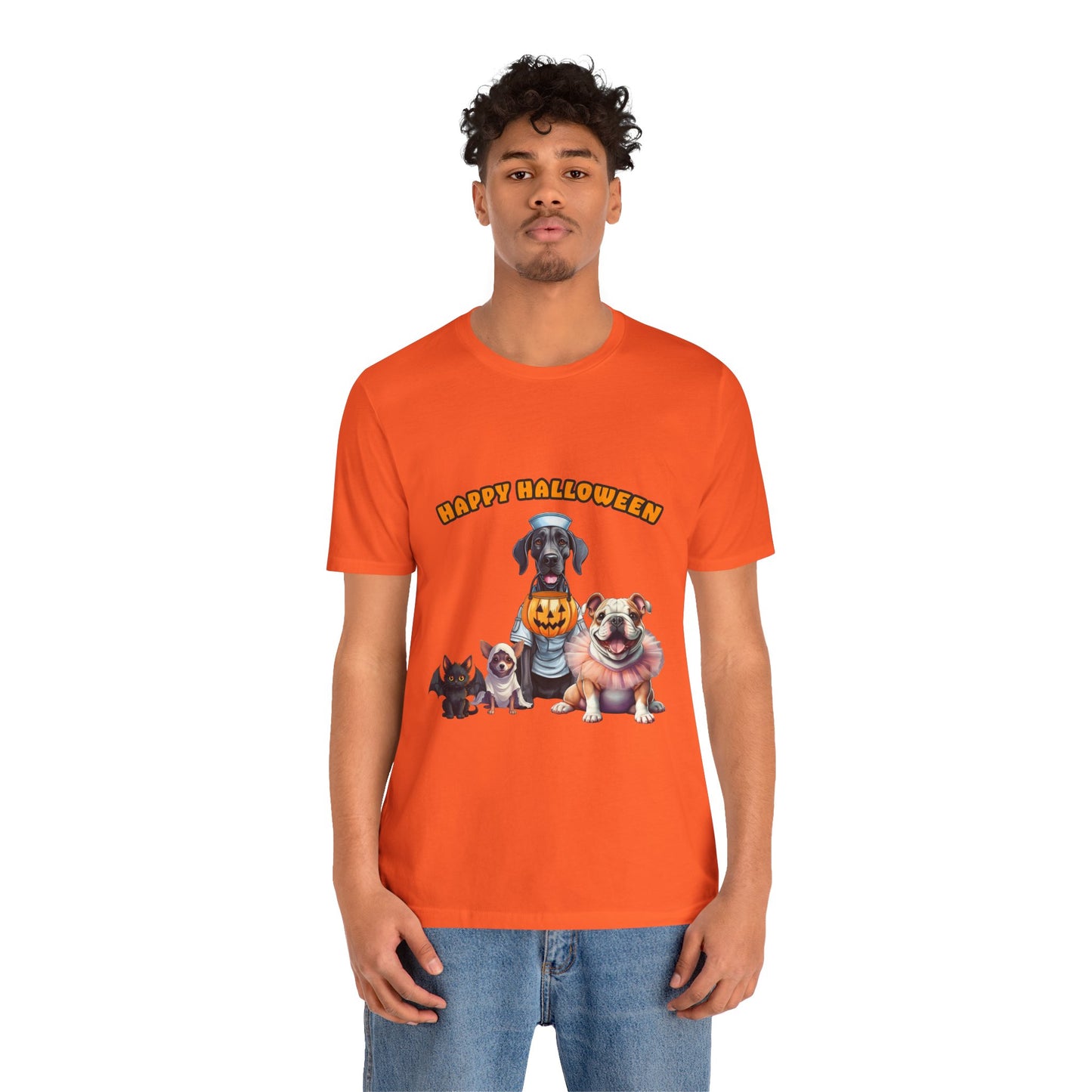 Happy Halloween Pet Parade Shirt – Cute Halloween Dogs and Cat in Costumes. Unisex Jersey Short Sleeve Tee