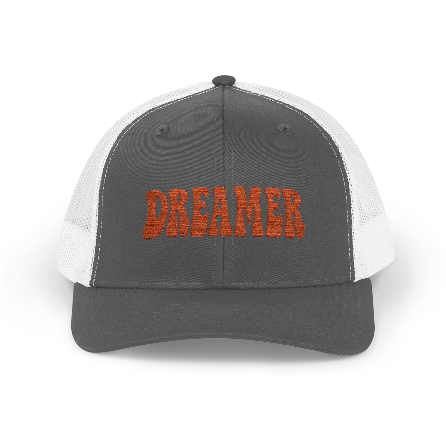 Dreamer Trucker Hat – Embroidered Minimalist Script Hat for Visionaries, Creatives, and Chill Daydreamers. Orange Letters