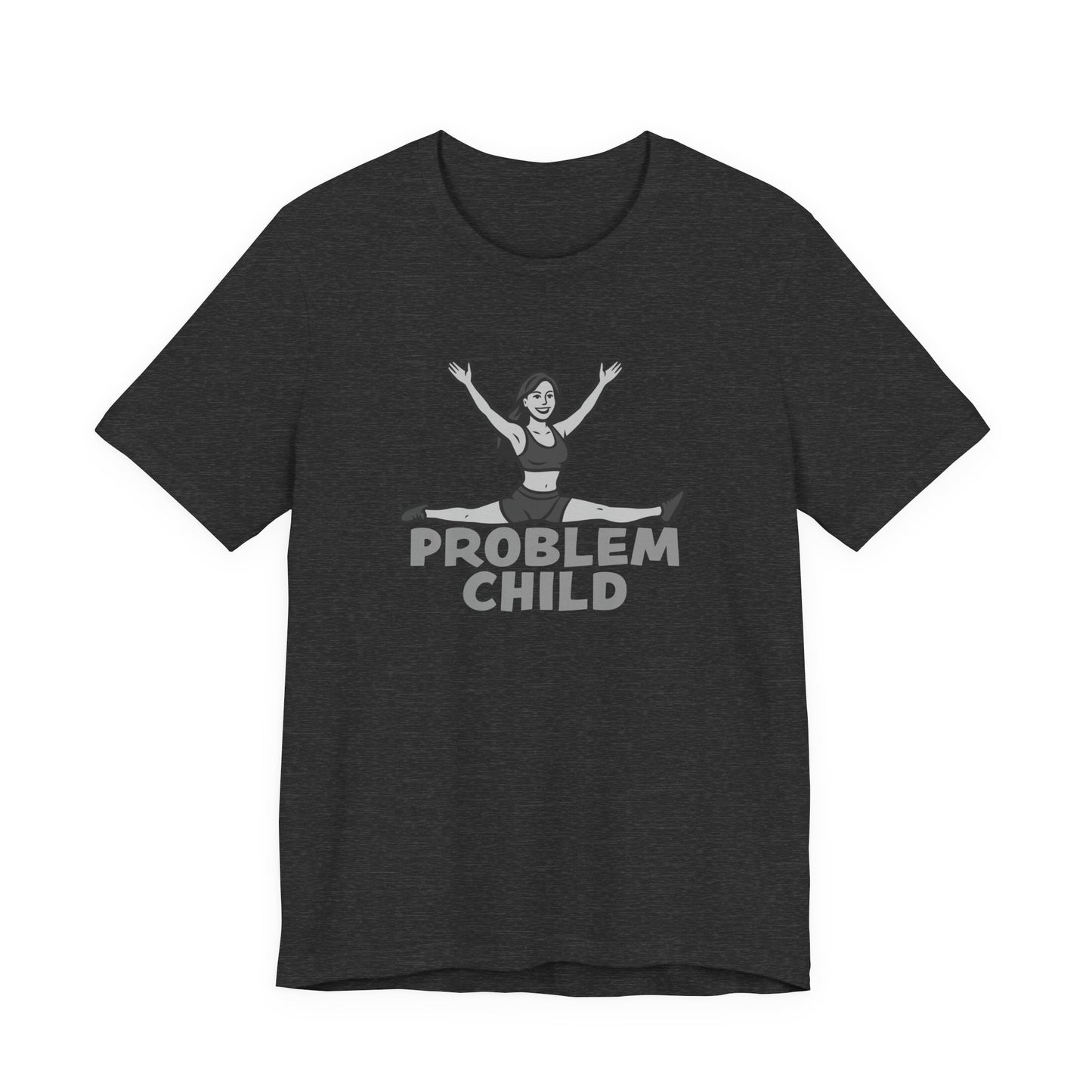 Problem Child Graphic Tee Cheerful Rebel Jump Pose in Bold Dark Theme Monochrome Style. Unisex Jersey Short Sleeve Tee