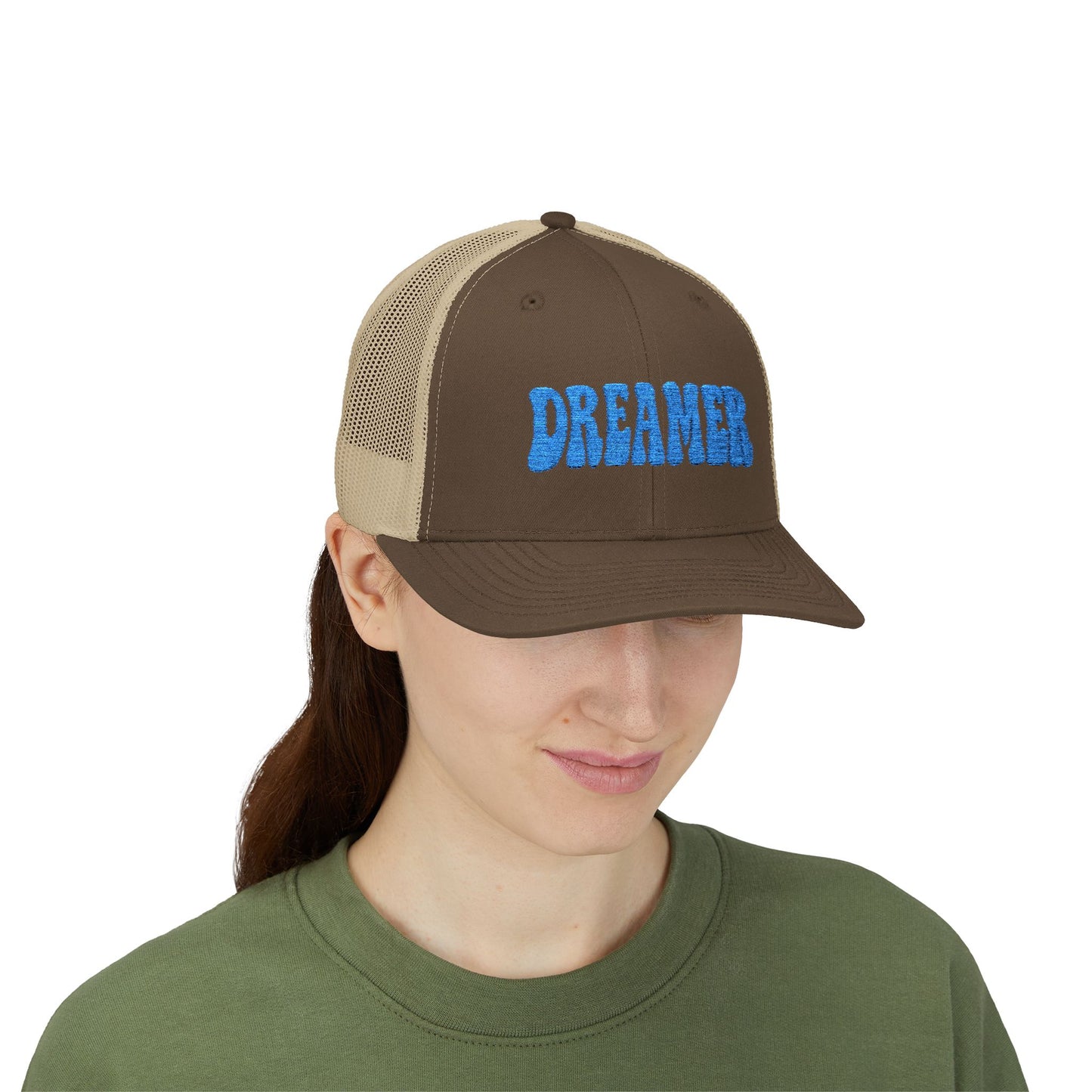 Dreamer Trucker Hat – Embroidered Minimalist Script Hat for Visionaries, Creatives, and Chill Daydreamers. Blue Letters