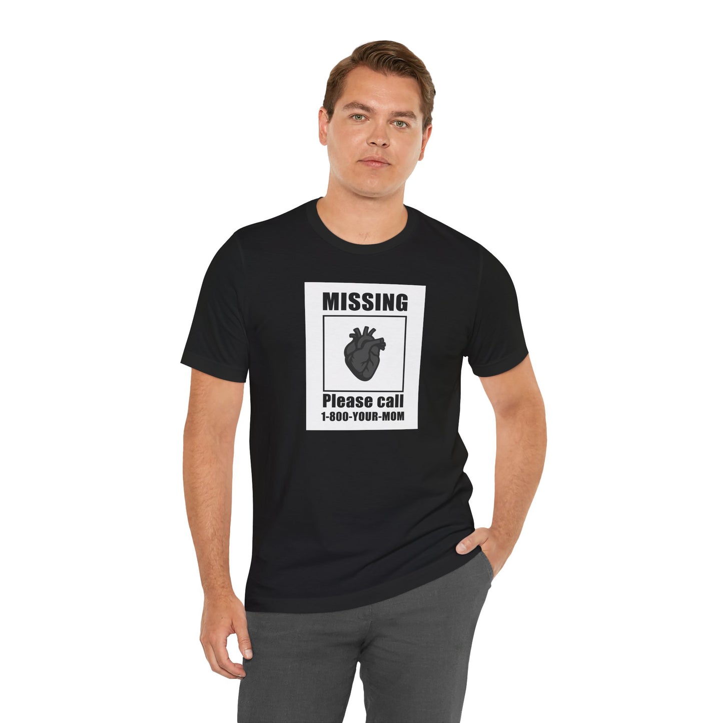 Missing Heart Poster Shirt Dark Theme Design Featuring Anatomical Heart and Funny Phone Number. Unisex Jersey Short Sleeve Tee
