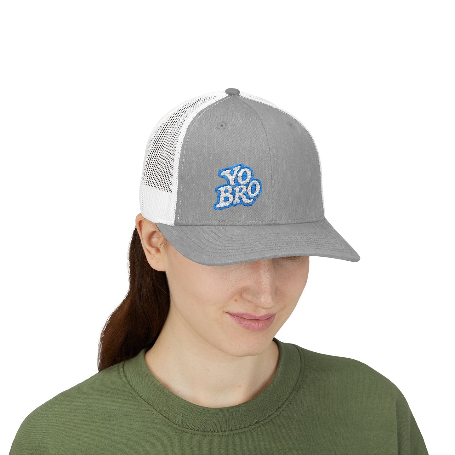 Yo Bro Trucker Hat – Embroidered Blue & White Hat for Laid-Back Vibes