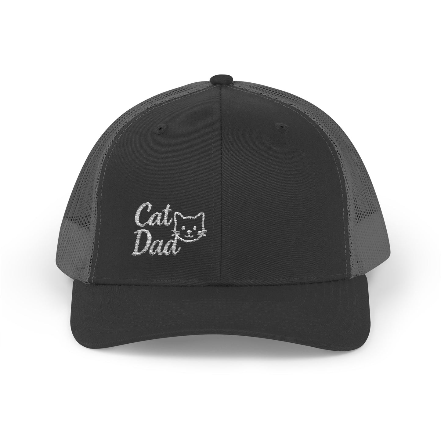 Cat Dad Trucker Hat – Embroidered Minimalist Cat Face Hat for Proud Pet Dads and Feline Fans. White Letters