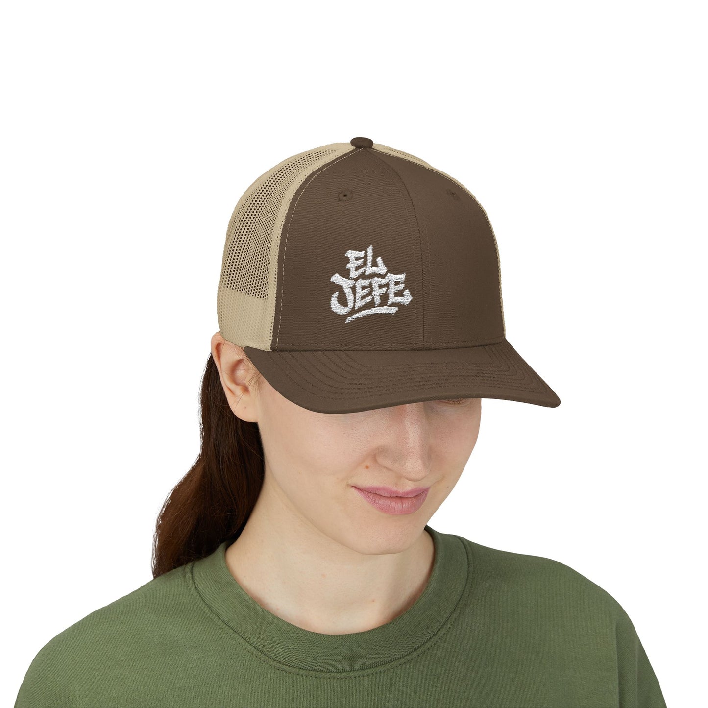 El Jefe Trucker Hat – Embroidered Bold Text Hat for Boss Energy, Leadership Style, and Latin Flair. White Letters
