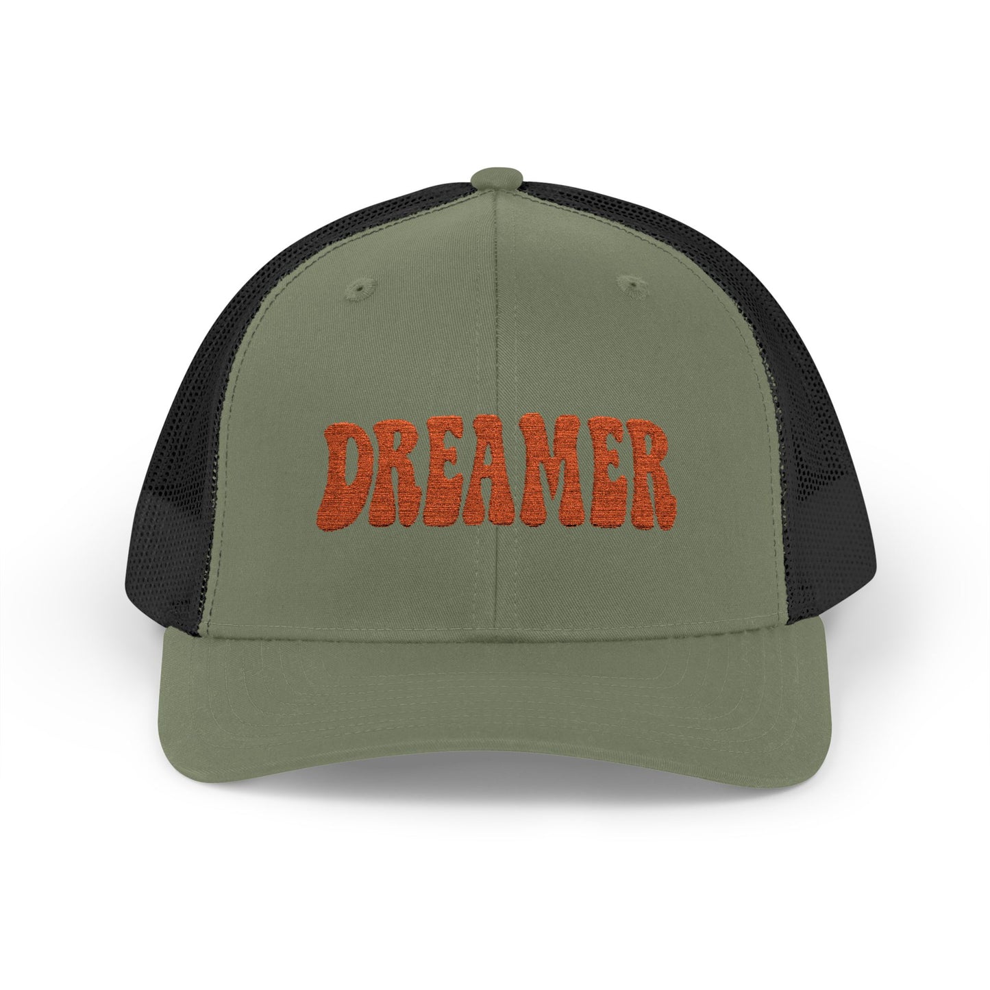 Dreamer Trucker Hat – Embroidered Minimalist Script Hat for Visionaries, Creatives, and Chill Daydreamers. Orange Letters