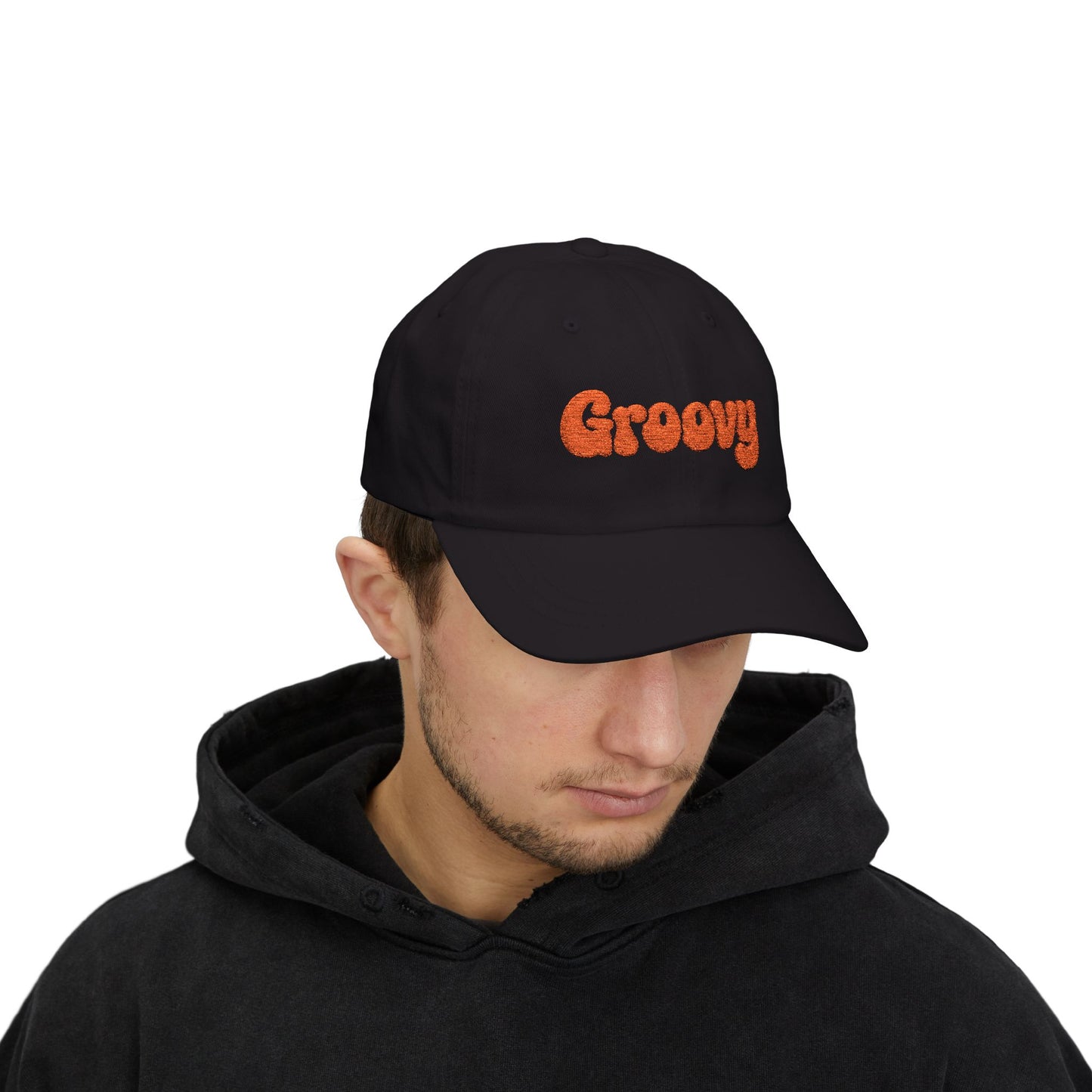 Groovy Classic Dad Hat – Retro Embroidered Hat with 70s Style Font for Funky Vibes, Chill Days, and Vintage Cool. Orange Letters