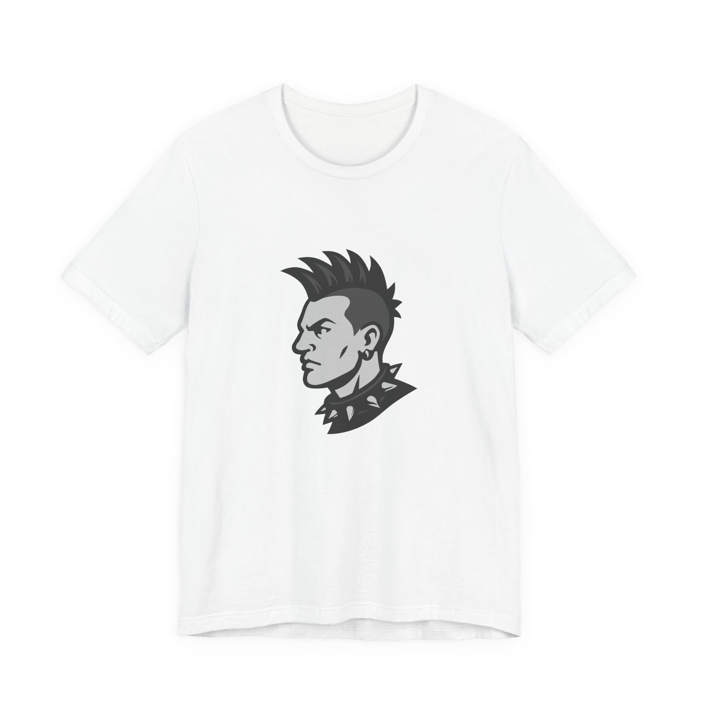 Punk Guy Graphic T-Shirt – Dark Theme Grayscale Mohawk Portrait on Black Tee with Attitude and Subtle Modern Ghost Effect. Unisex Jersey Short Sleeve Tee