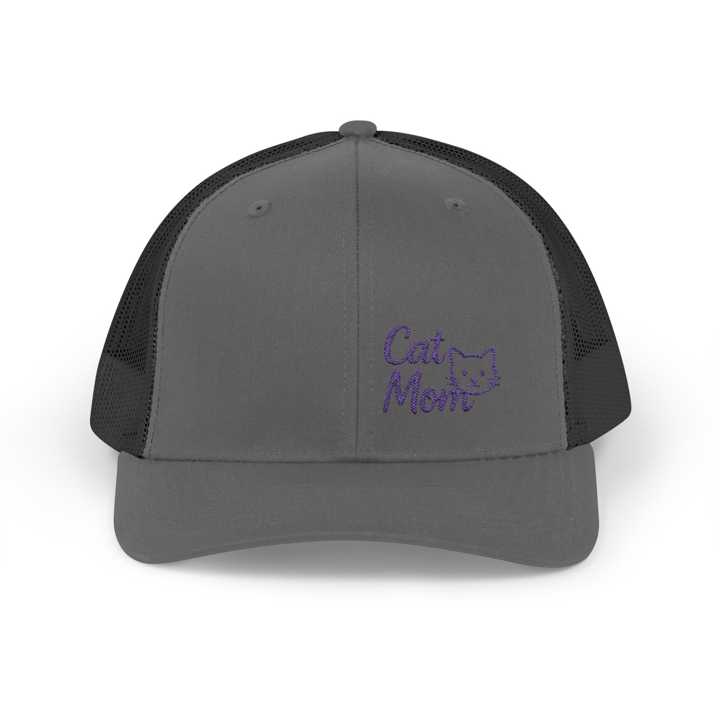 Cat Mom Trucker Hat – Embroidered Minimalist Cat Face Hat for Proud Pet Moms and Stylish Feline Fans. Purple Letters
