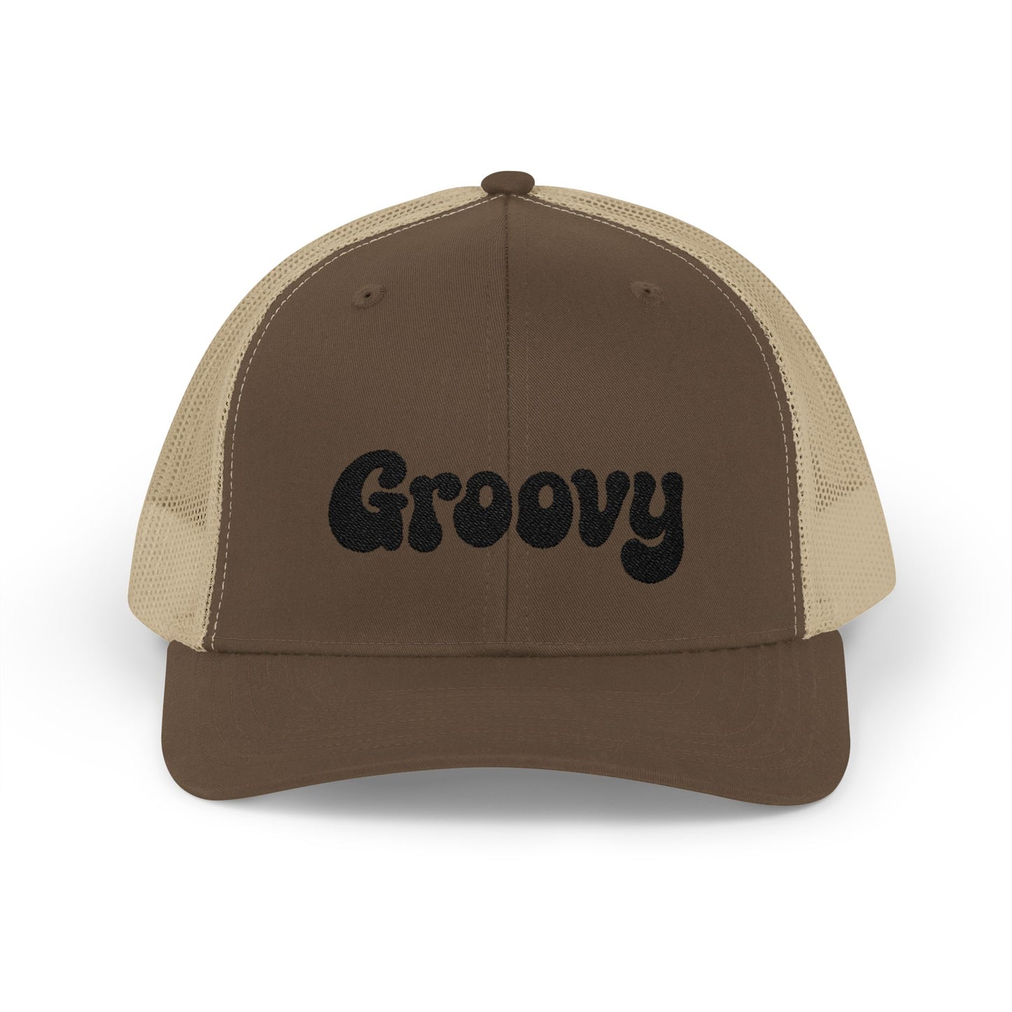 Groovy Trucker Hat – Retro Embroidered Hat with 70s Style Font for Funky Vibes, Chill Days, and Vintage Cool. Black Letters