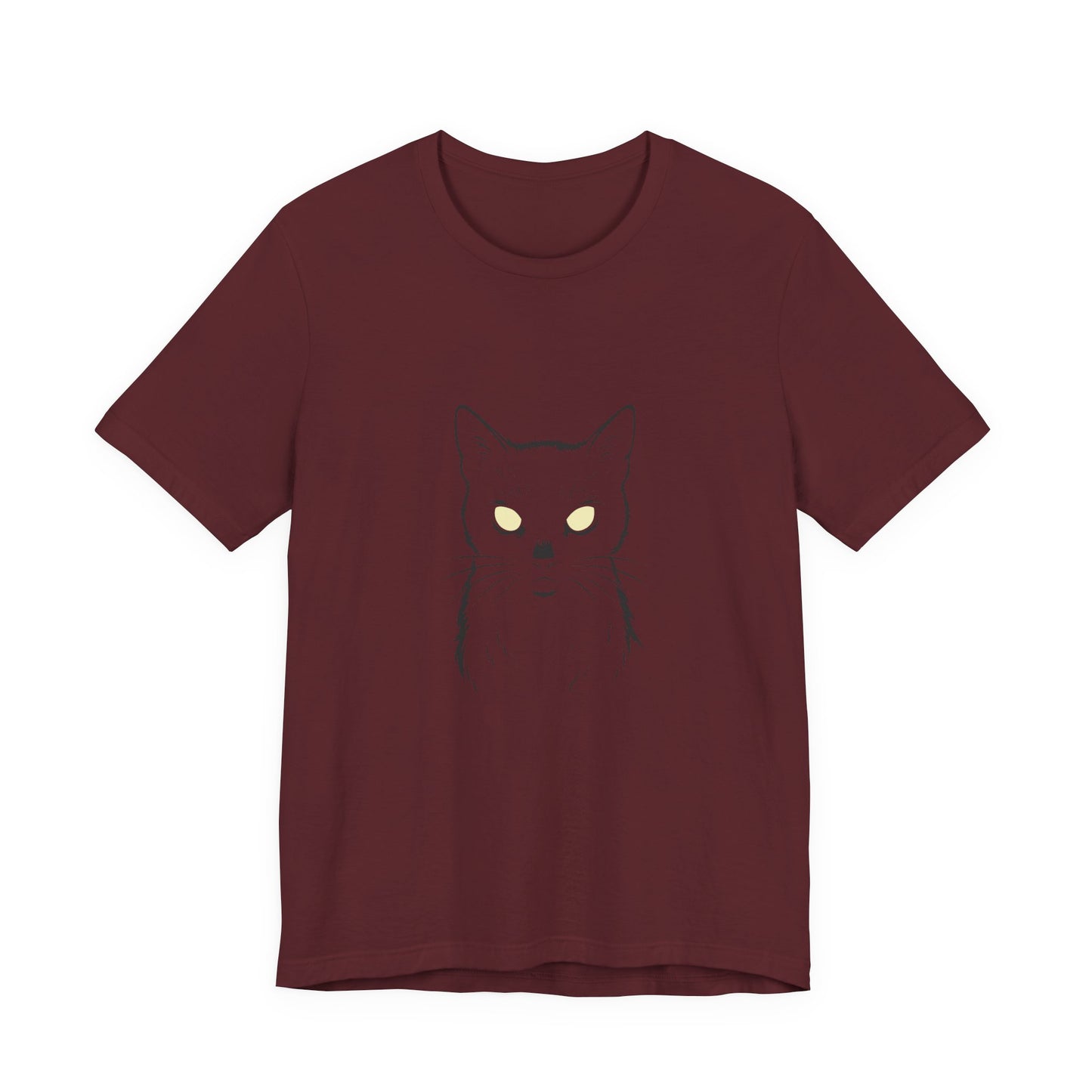 Ghost Cat Eyes Tee – Dark Theme Black Cat Outline with Transparent Face and Glowing Stare. Unisex Jersey Short Sleeve Tee