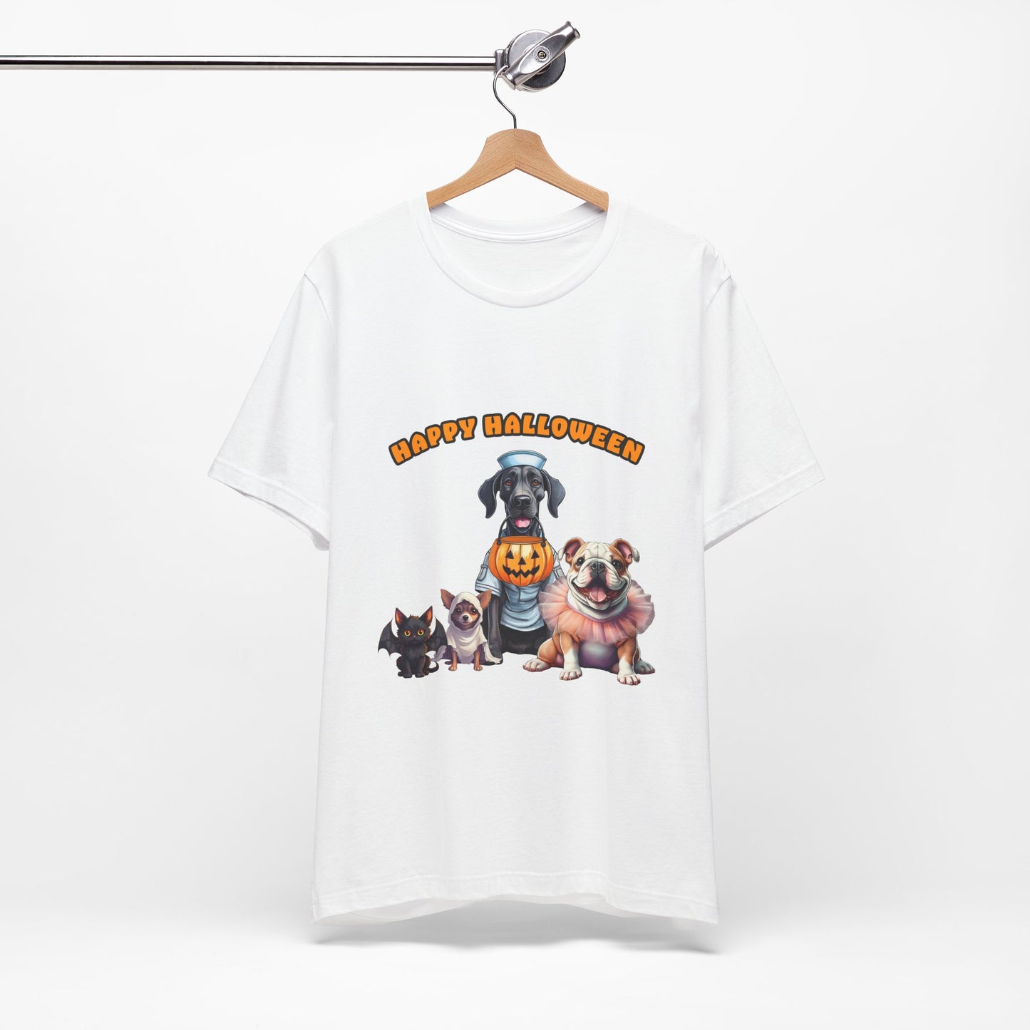 Happy Halloween Pet Parade Shirt – Cute Halloween Dogs and Cat in Costumes. Unisex Jersey Short Sleeve Tee