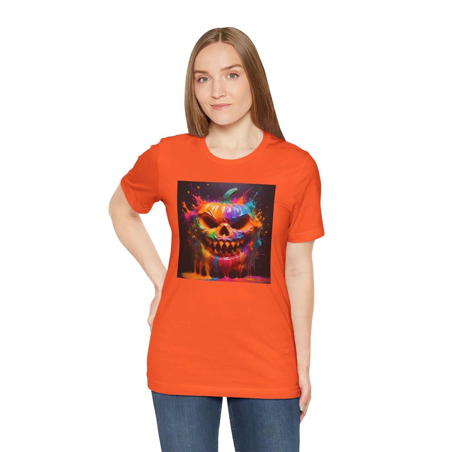 Neon Splatter Pumpkin Halloween Shirt – Vibrant Dripping Jack-o’-Lantern Graphic Tee for Bold Spooky Style