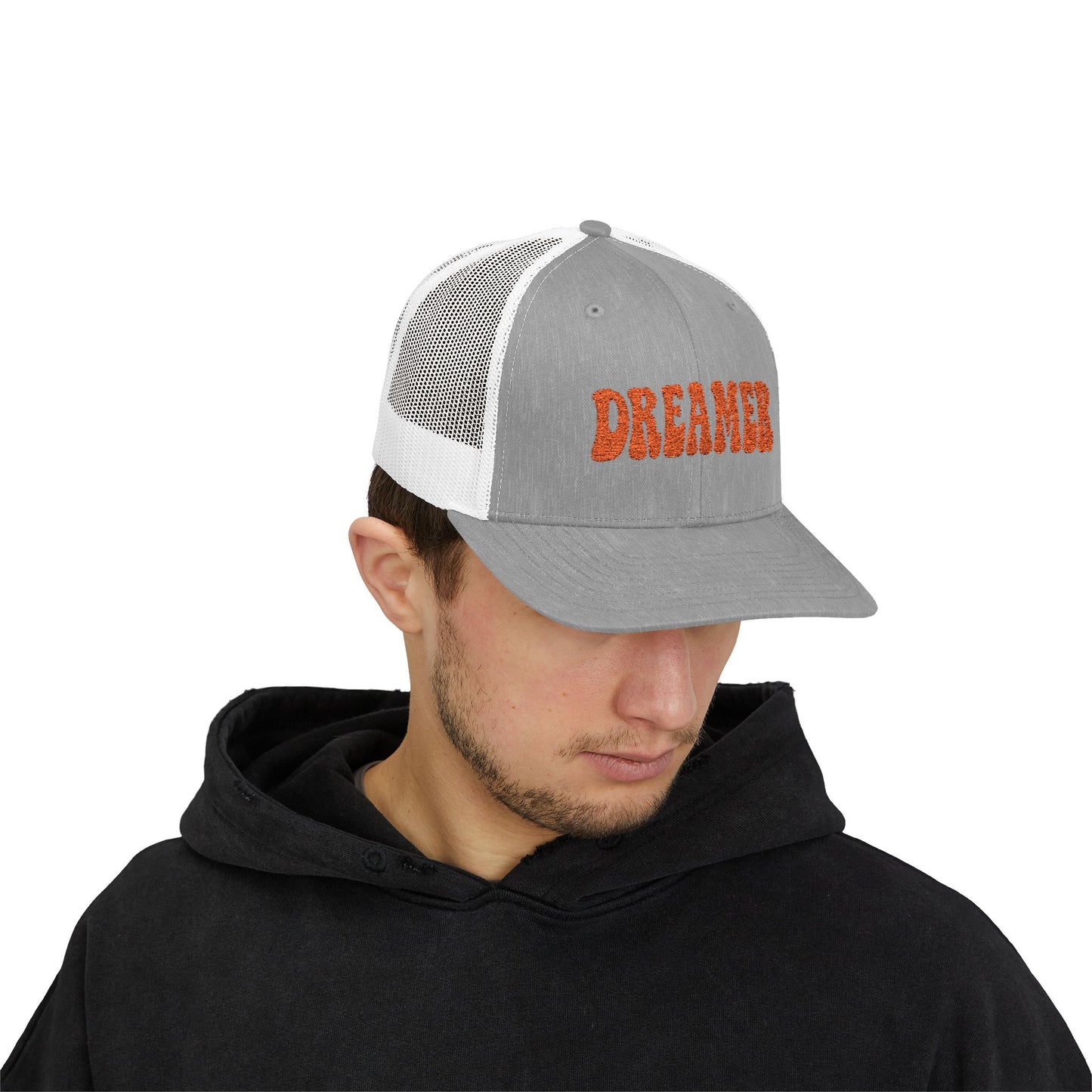 Dreamer Trucker Hat – Embroidered Minimalist Script Hat for Visionaries, Creatives, and Chill Daydreamers. Orange Letters