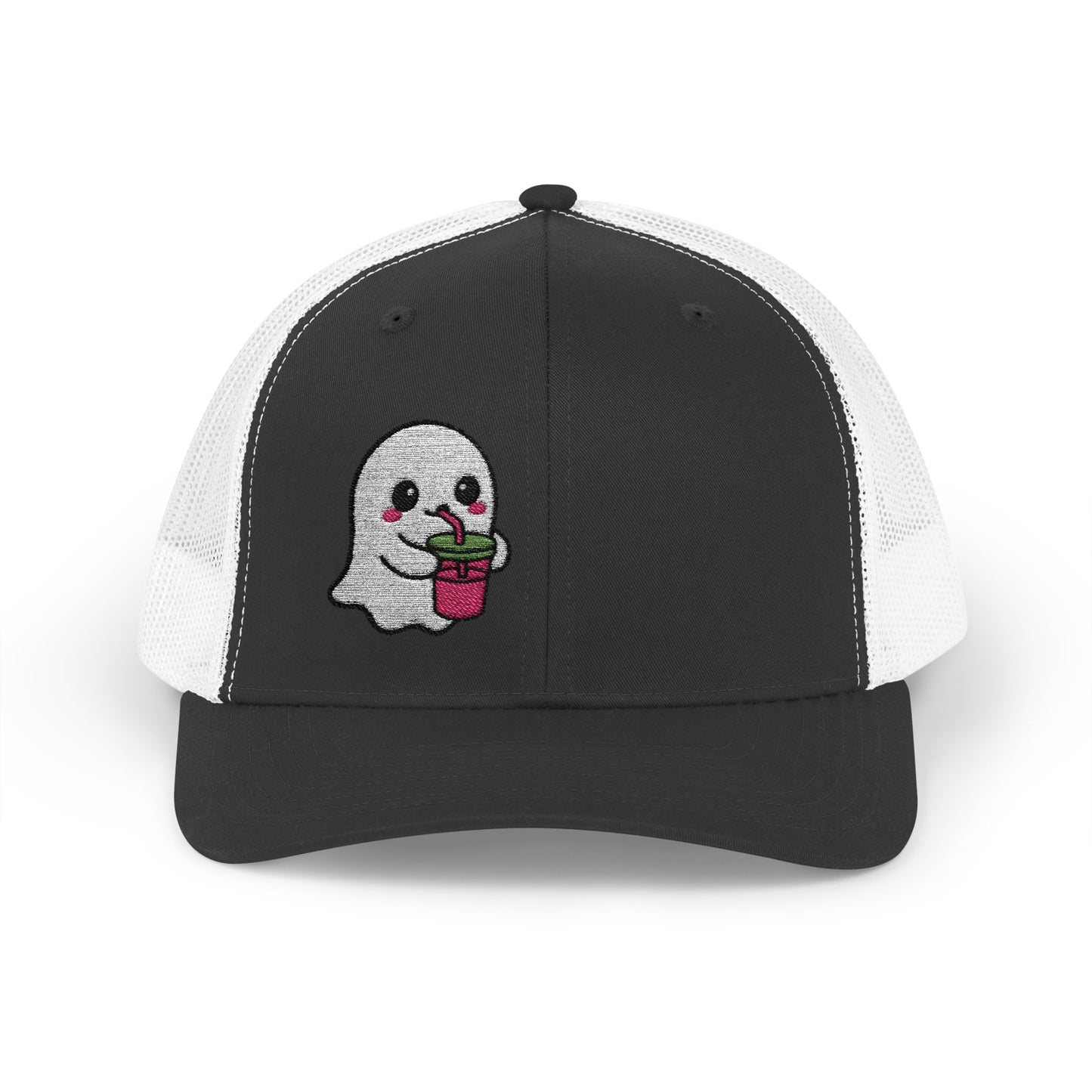Cute Ghost Trucker Hat – Embroidered Kawaii Ghost Drinking Hat for Halloween Vibes and Everyday Boo Energy