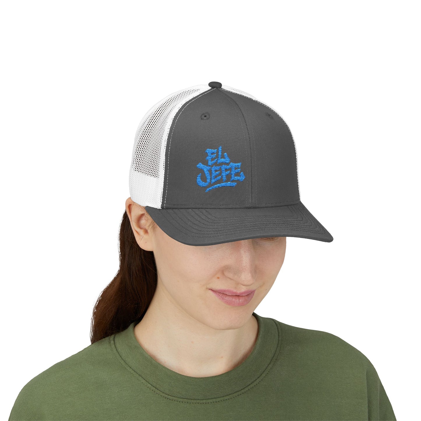 El Jefe Trucker Hat – Embroidered Bold Text Hat for Boss Energy, Leadership Style, and Latin Flair. Blue Letters