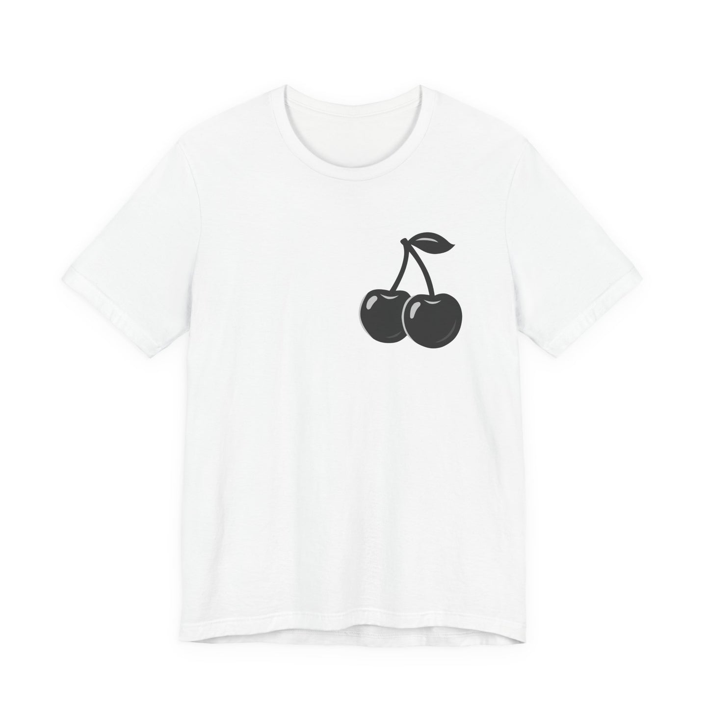 Dark Cherry Graphic T-Shirt – Minimal Dark Theme Grayscale Fruit Design on Black Tee with Subtle Style and Modern Ghost Effect. Unisex Jersey Short Sleeve Tee