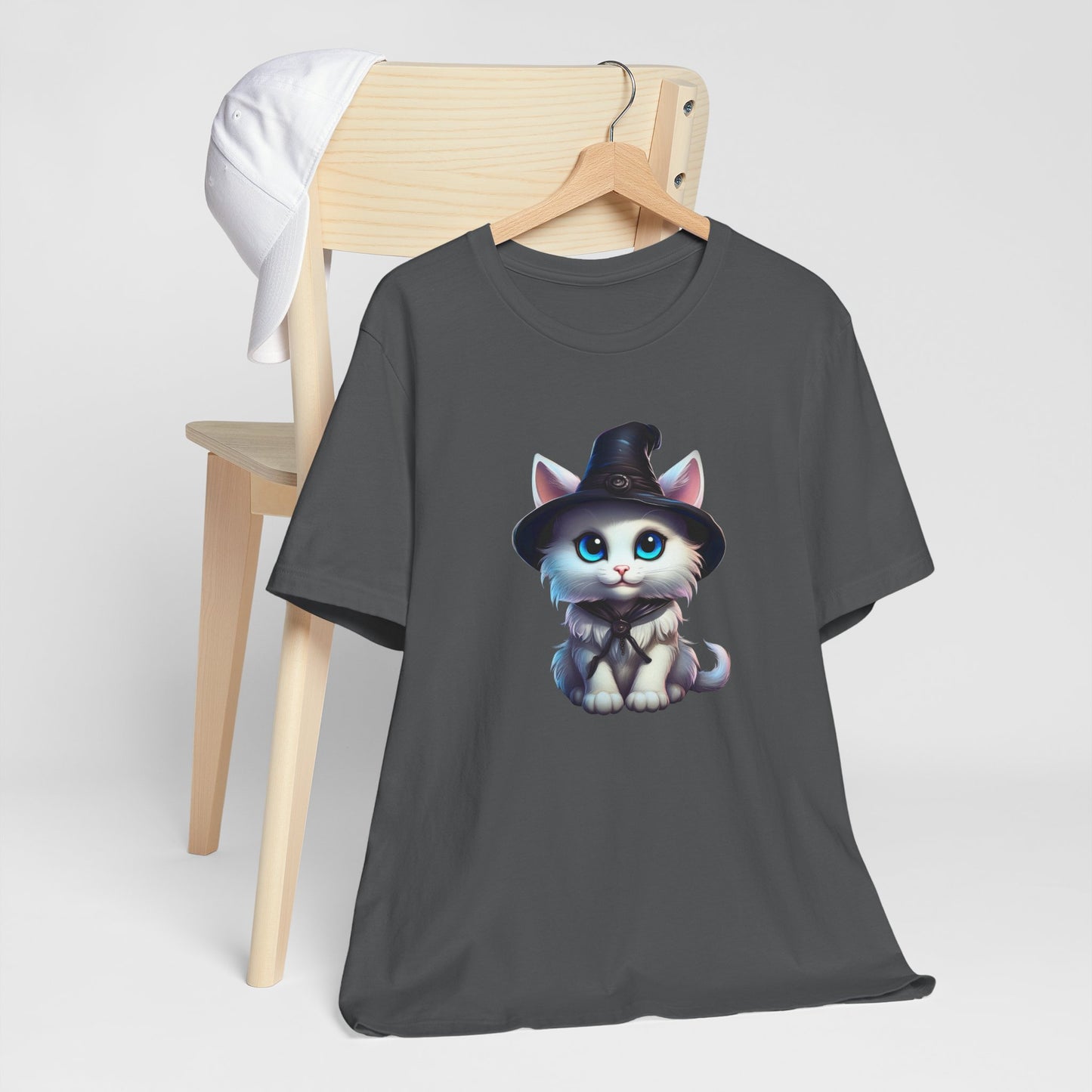 Adorable Witch Cat Halloween Shirt – Cute White Cat in Hat Graphic Tee for Cat Lovers and Halloween Fans