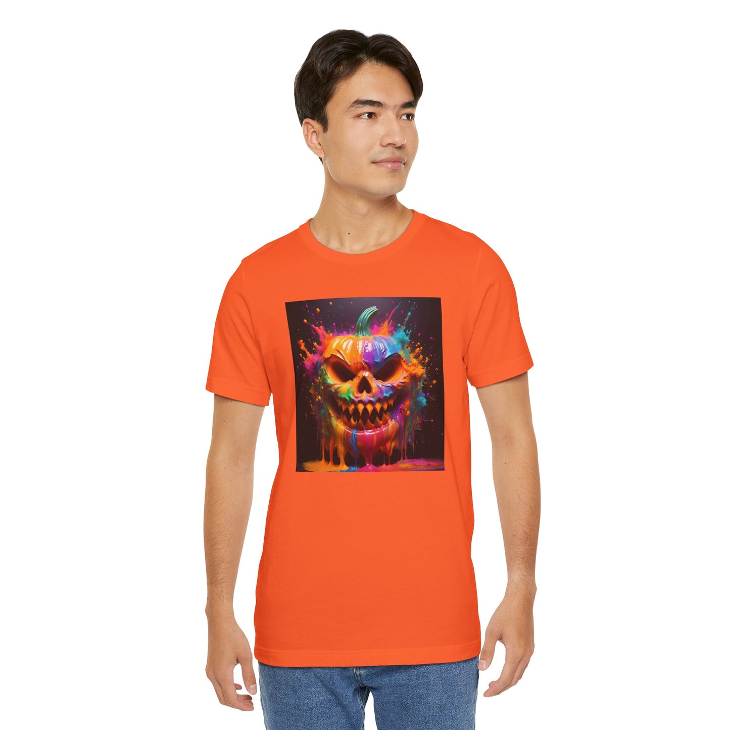 Neon Splatter Pumpkin Halloween Shirt – Vibrant Dripping Jack-o’-Lantern Graphic Tee for Bold Spooky Style