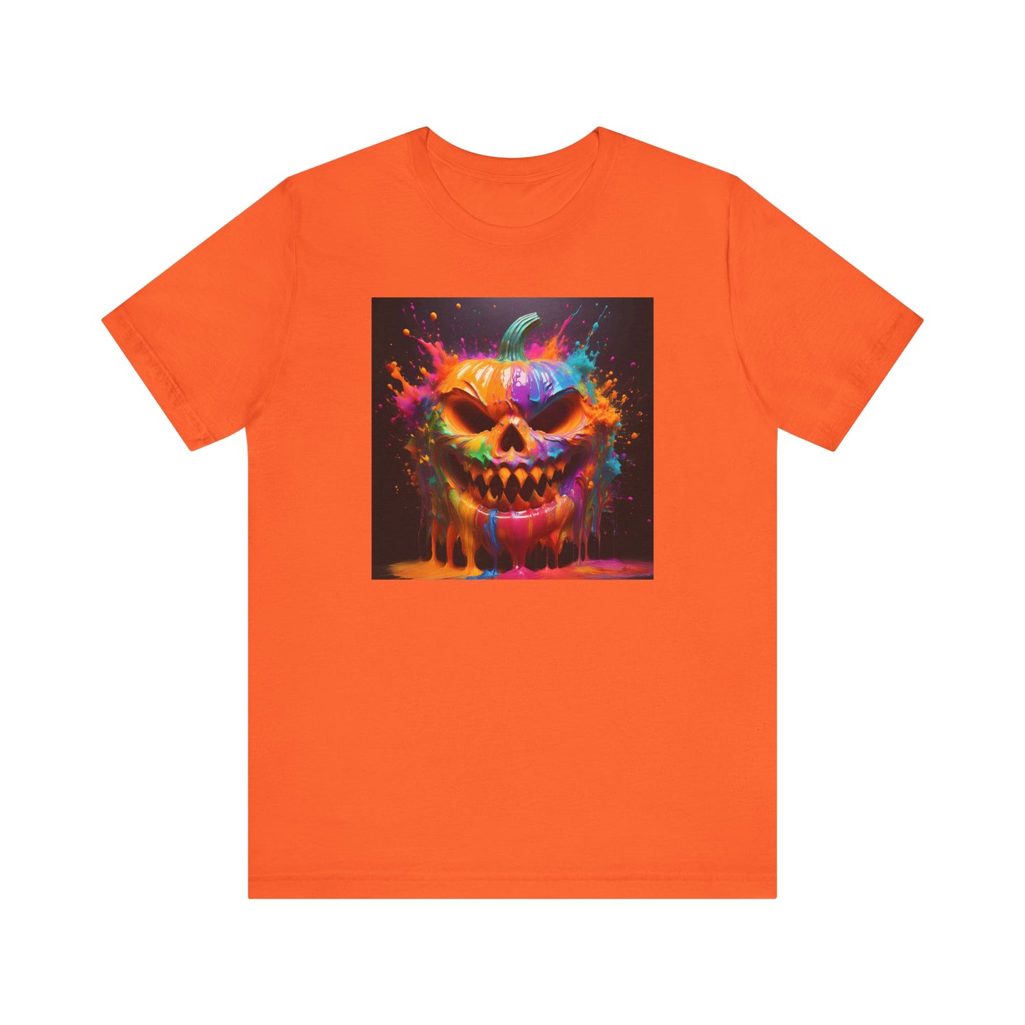 Neon Splatter Pumpkin Halloween Shirt – Vibrant Dripping Jack-o’-Lantern Graphic Tee for Bold Spooky Style