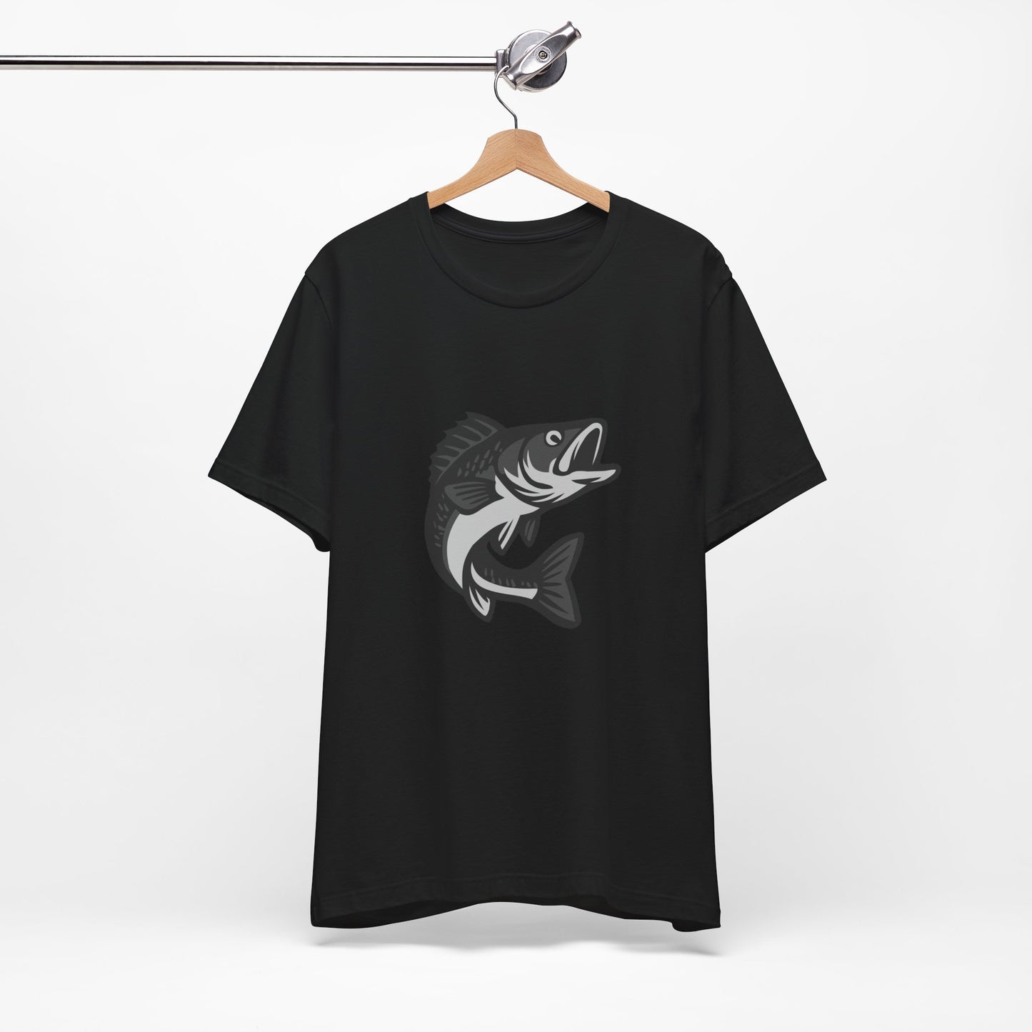 Walleye Fishing Graphic T-Shirt – Dark Theme Grayscale Freshwater Game Fish Design on Black Tee with Angler Energy and Modern Ghost Effect. Unisex Jersey Short Sleeve Tee