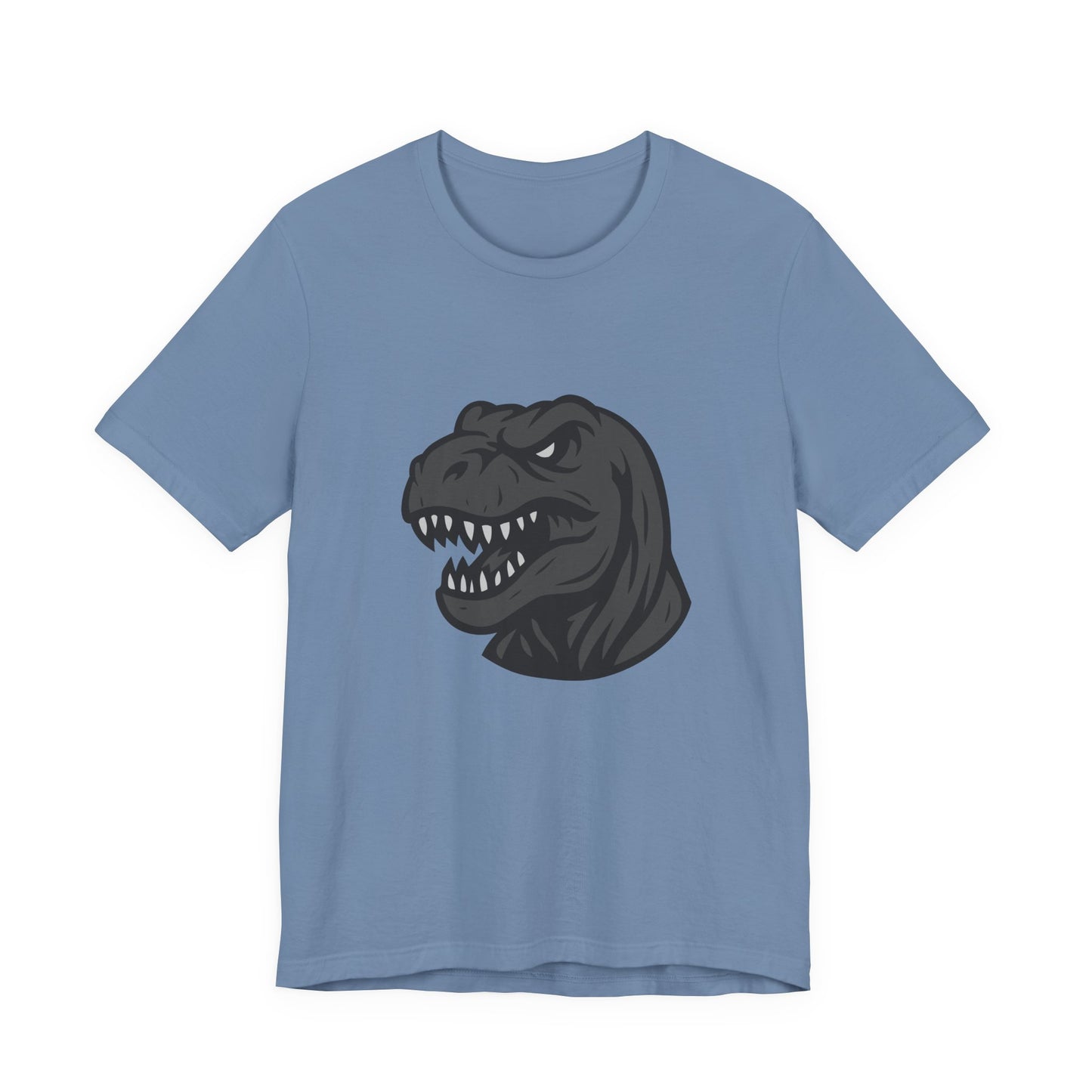 T-Rex Profile Graphic T-Shirt – Dark Theme Grayscale Dinosaur Head on Black Tee with Prehistoric Power and Modern Ghost Effect. Unisex Jersey Short Sleeve Tee
