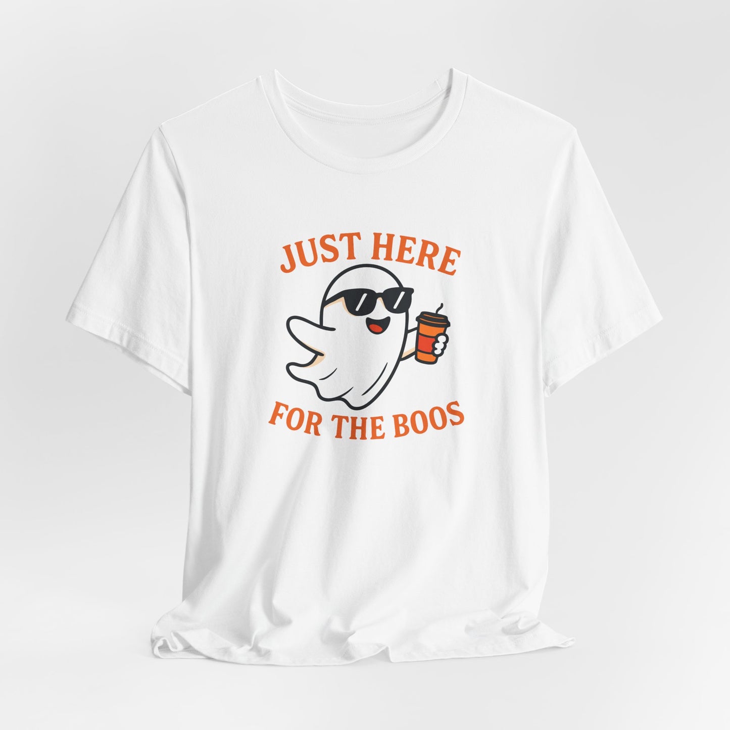 Just Here for the Boos Halloween Shirt – Funny Ghost Drinking Coffee Graphic Tee for Spooky Season