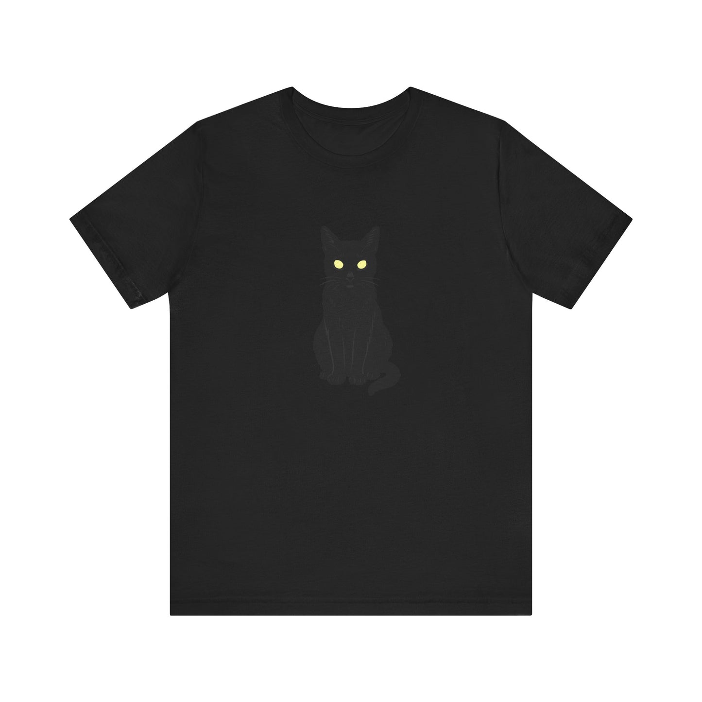 Glowing-Eyed Black Cat Shirt – Dark Theme Feline Stare for Maximum Spook and Minimal Effort. Unisex Jersey Short Sleeve Tee