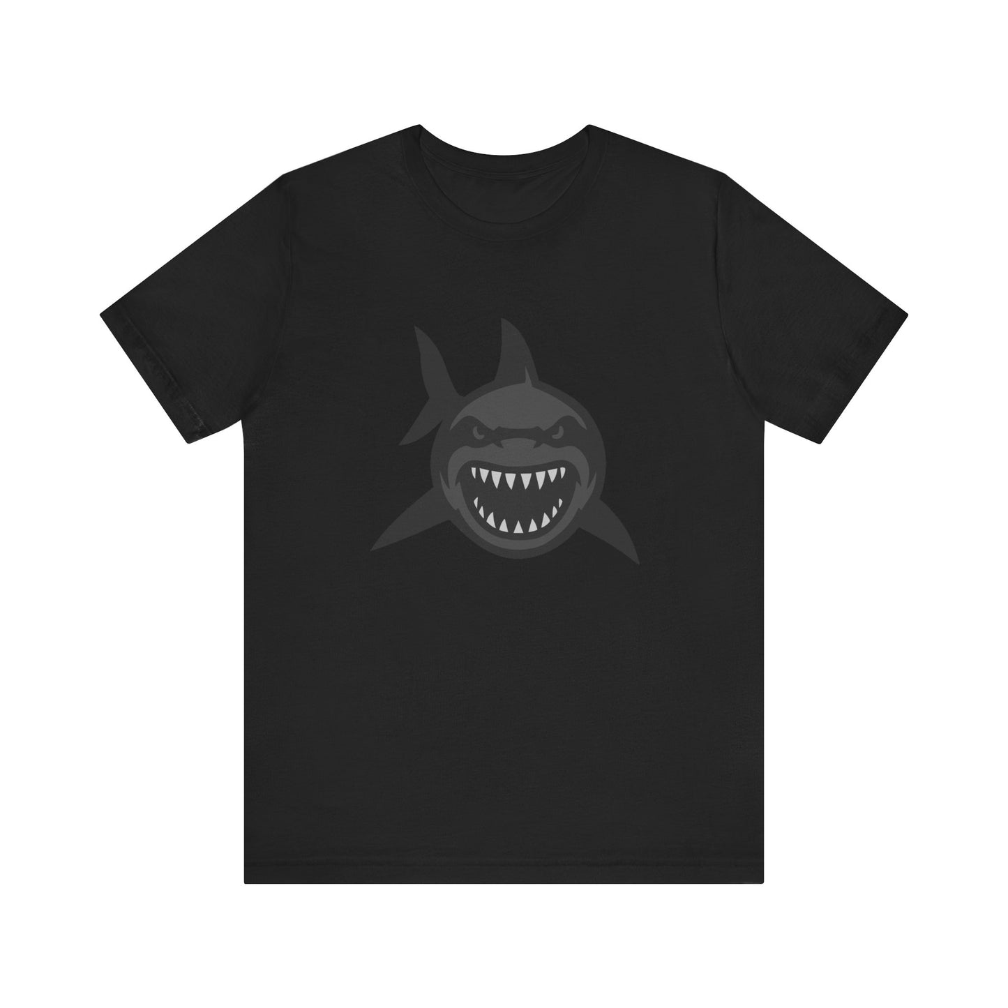 Ferocious Shark Face Graphic Tee with a Bold Bite – Dark Theme Ocean Predator Shirt in Black and Grey. Unisex Jersey Short Sleeve Tee