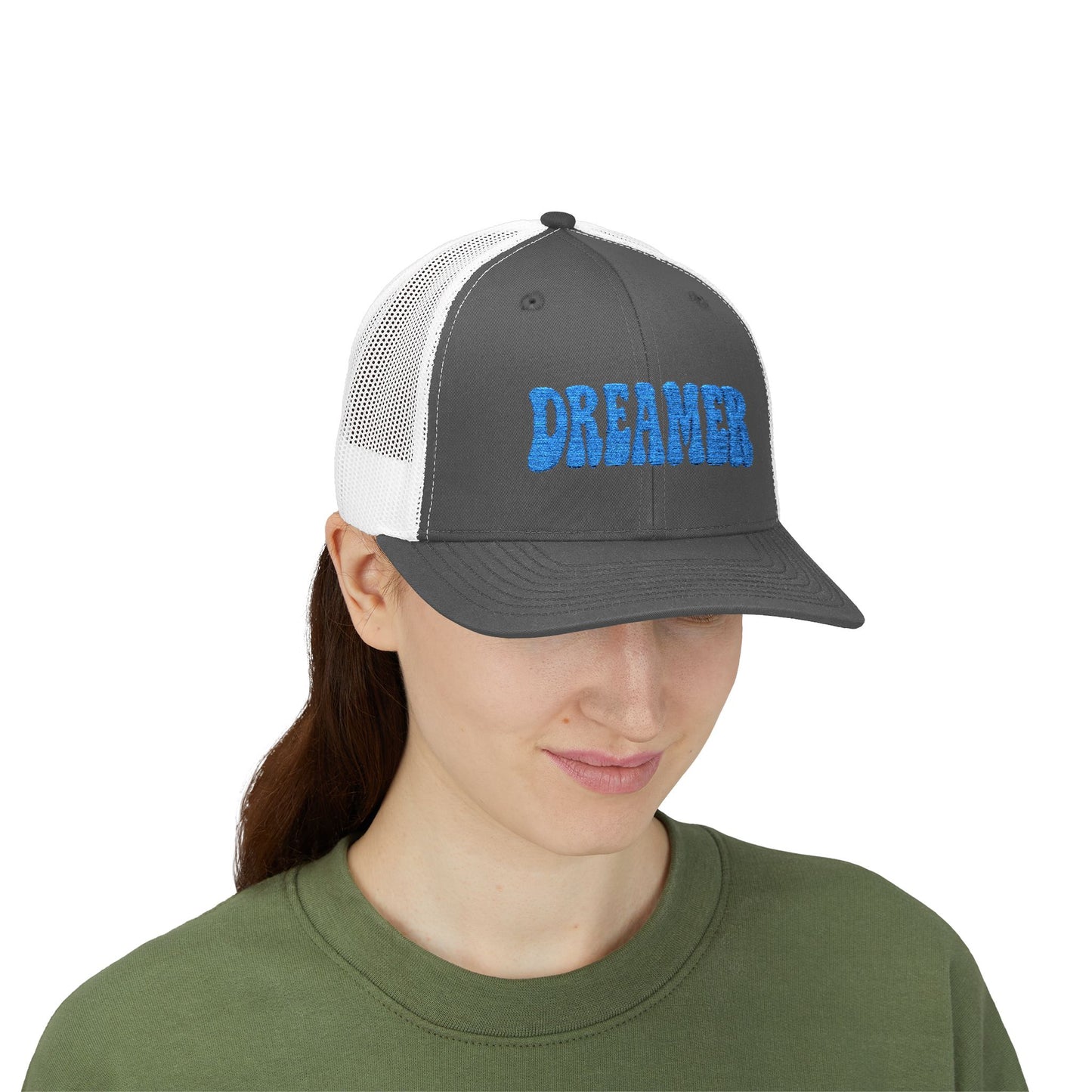 Dreamer Trucker Hat – Embroidered Minimalist Script Hat for Visionaries, Creatives, and Chill Daydreamers. Blue Letters