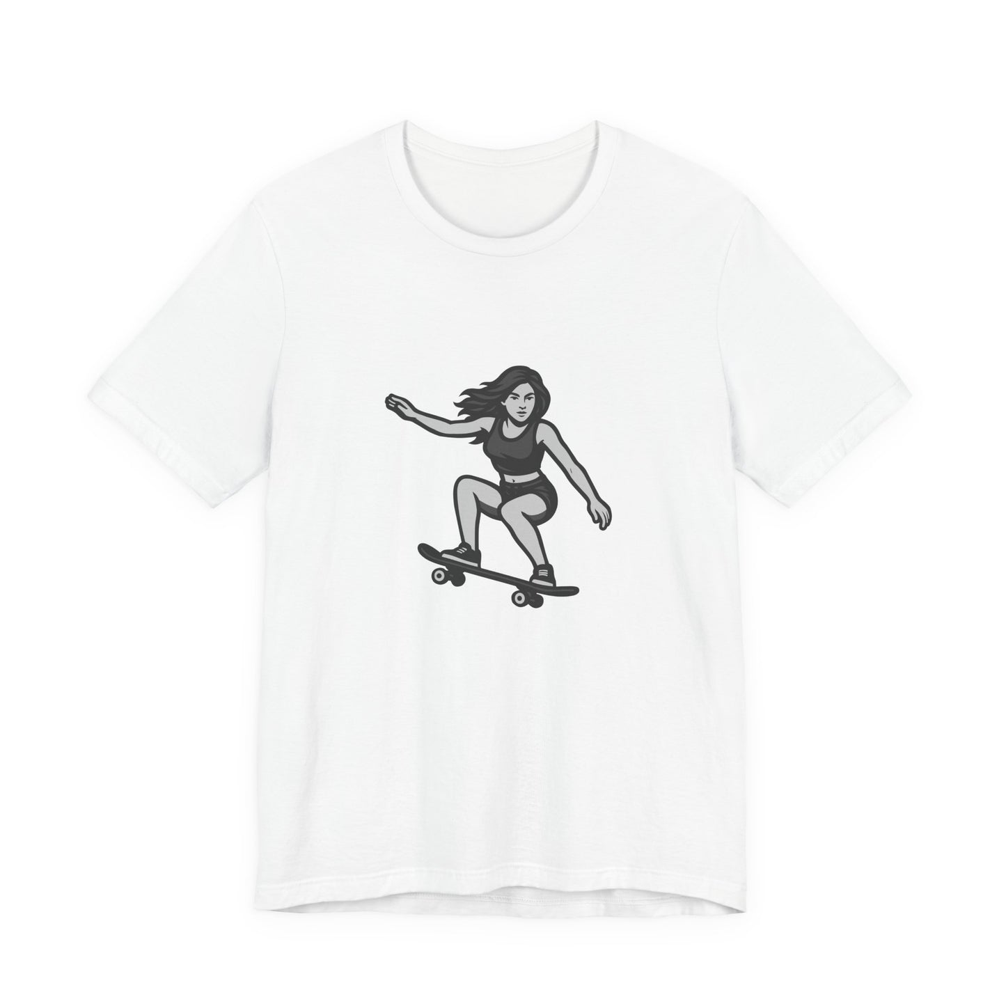 Skater Girl Graphic T-Shirt – Dark Theme Grayscale Skateboarding Design on Black Tee with Bold Motion and Modern Ghost Effect. Unisex Jersey Short Sleeve Tee