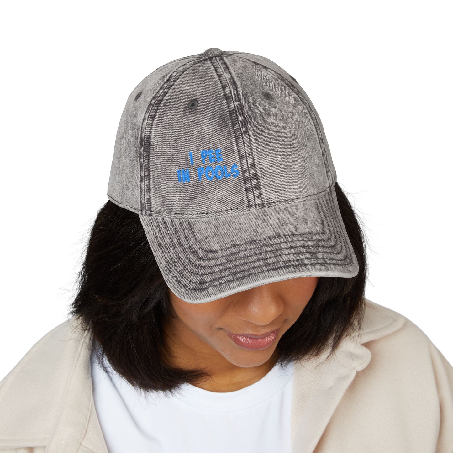 I Pee In Pools Vintage Hat – Funny Hat with Bold Blue Text for Lifeguard Terrors and Poolside Menaces